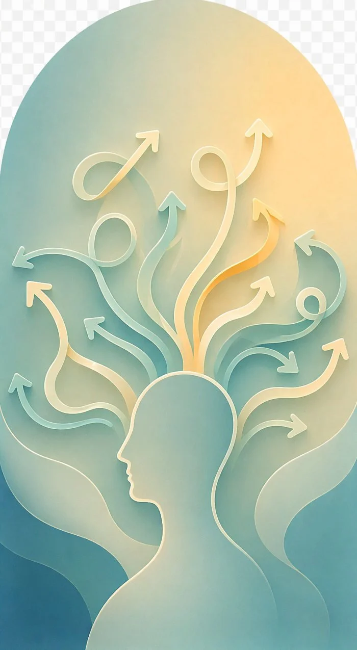 Illustration of a profile with many curving arrows rising from the head, representing different paths in care