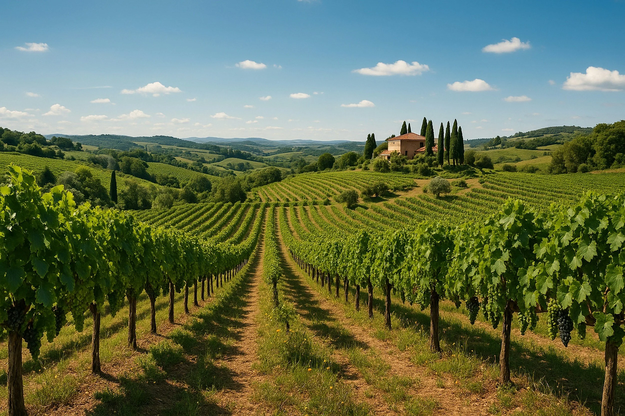 Vineyard with rows of grapevines on rolling hills, a stone house with red roof and tall cypress trees in the background, under a blue sky with scattered clouds.