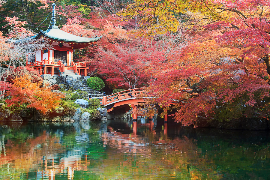 Benten-do hall and the Kosho-ho Bridge at Daigo-ji Temple in Kyoto, Japan