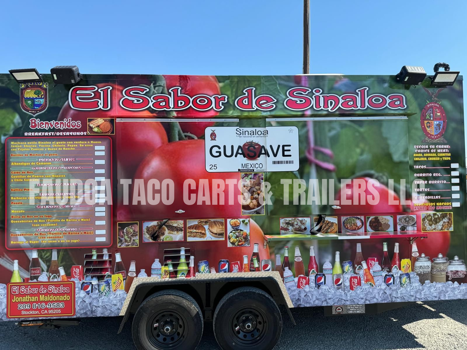 A colorful food trailer with the text 'El Sabor de Sinaloa', featuring menu items in Spanish and the logo of Sinaloa, Mexico. The trailer displays pictures of food and drinks, including soda bottles and ice, with contact information for the vendor.