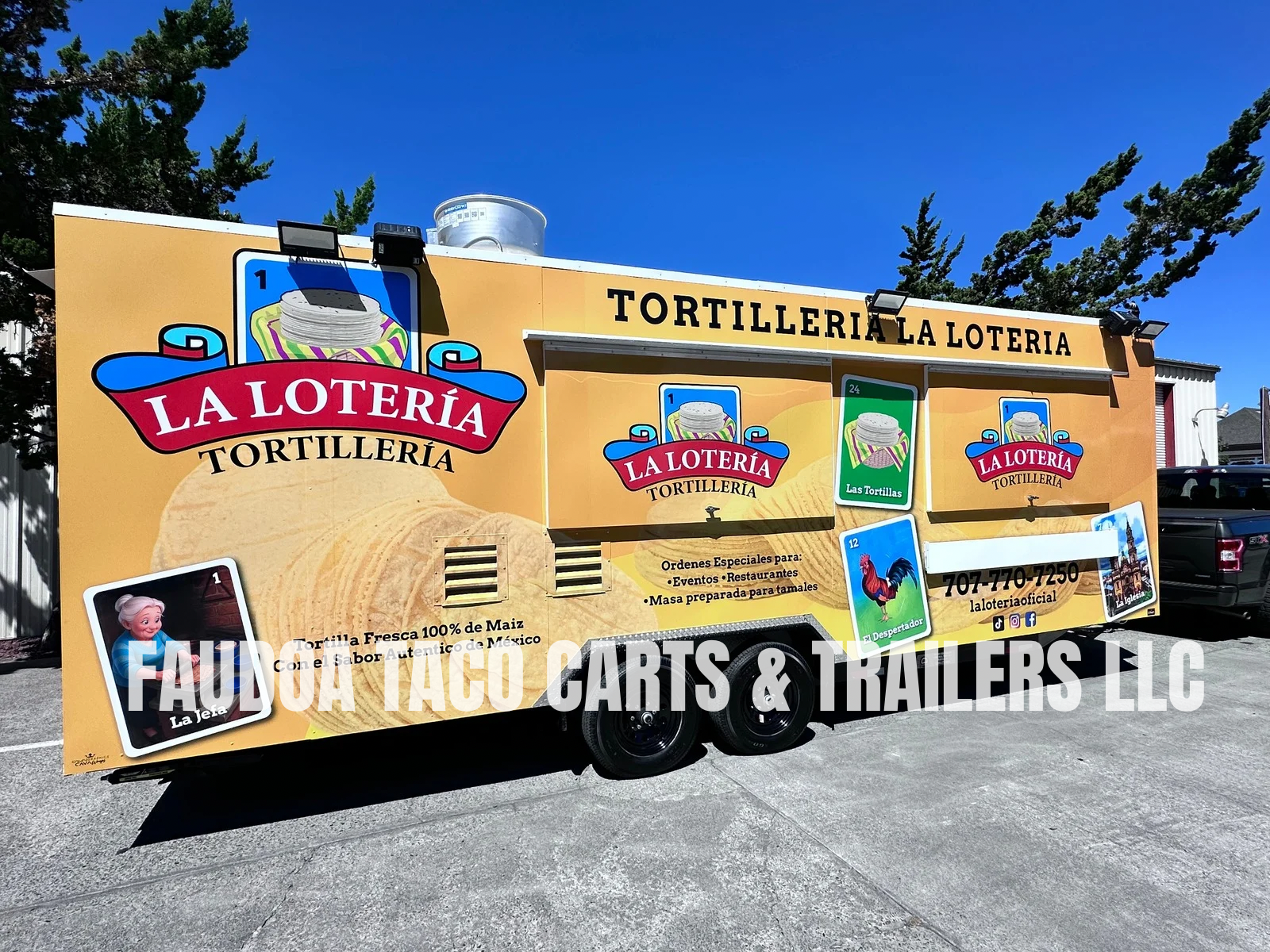 Yellow food truck for La Lotería Tortillería with colorful signage advertising tortillas made from 100% Mexican corn, and images of tortillas and a rooster mascot. Contact phone number and social media icons on the side.