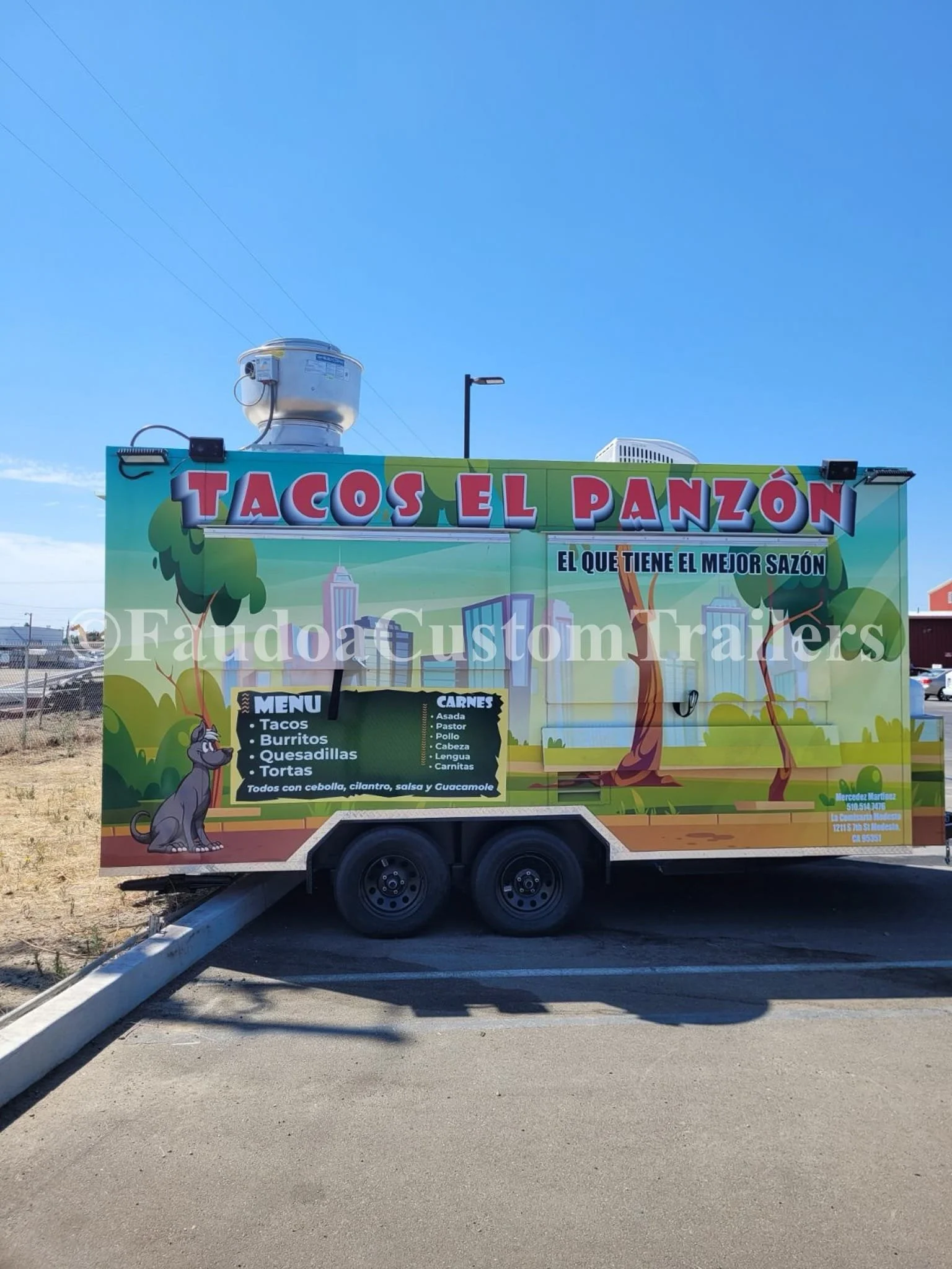 Colorful food truck named "Tacos El Panzón" with menu items listed in Spanish including tacos, burritos, quesadillas, and tortas. The truck features cartoon illustrations of trees and a dog, with a city skyline in the background.