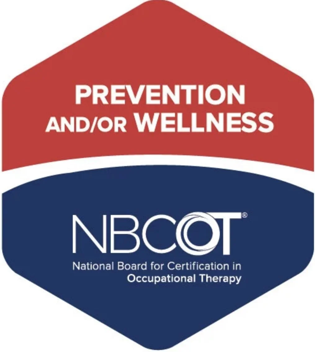Badge with red and blue sections reading "Prevention and/or Wellness" and "NBCOT National Board for Certification in Occupational Therapy."