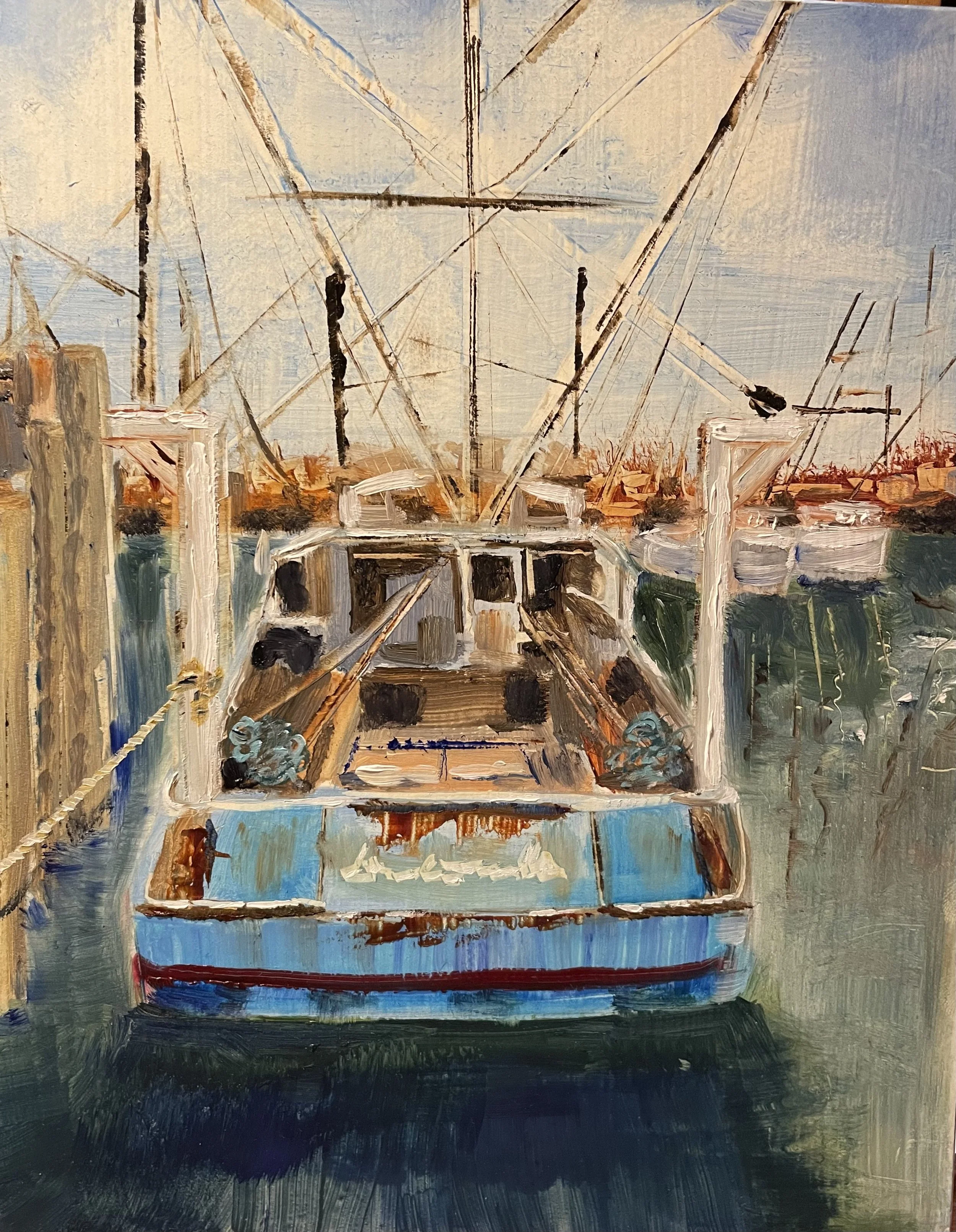 Painting of an old boat docked at a marina, with masts and boats in the background, painted in a loose, impressionistic style.