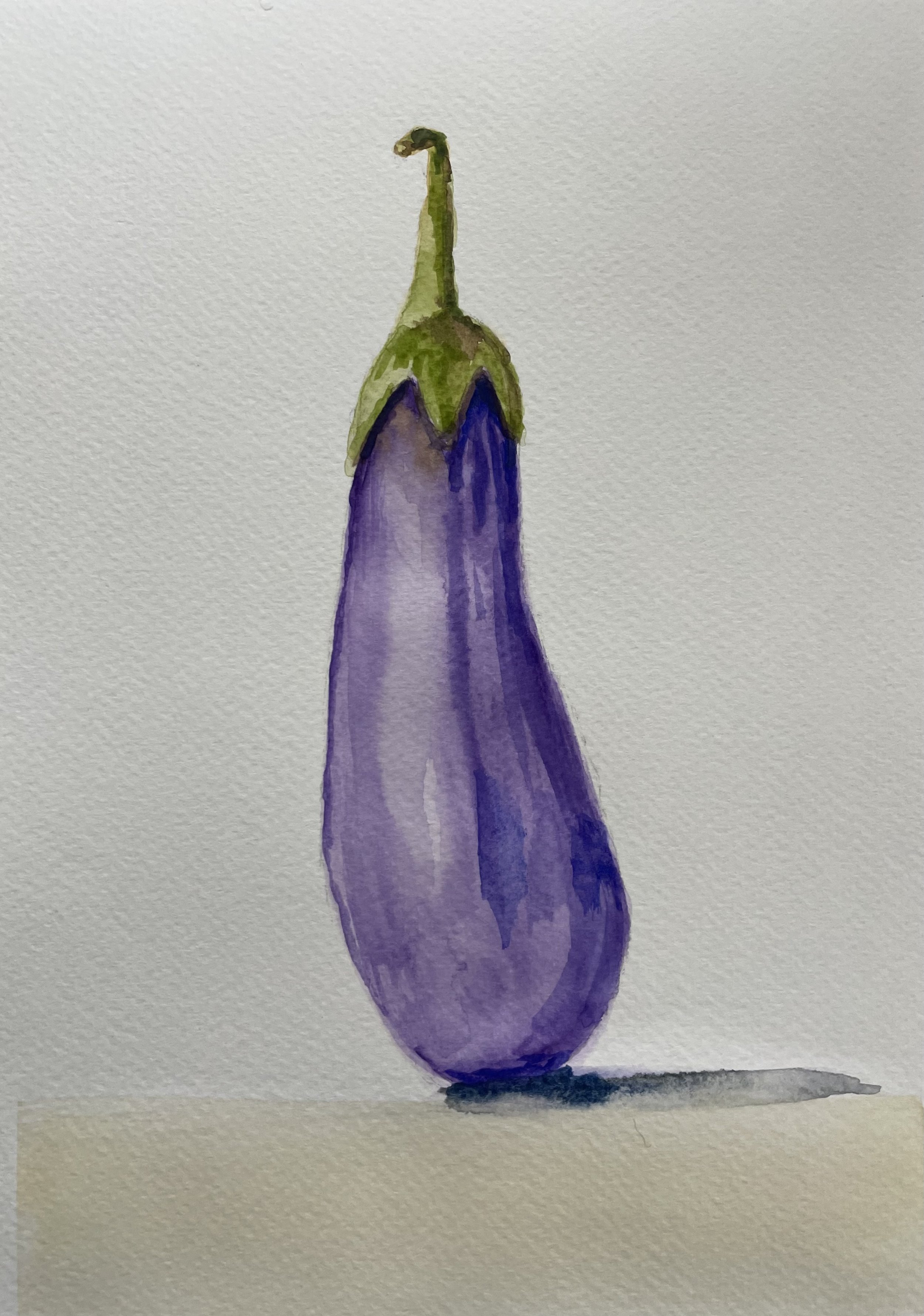 Watercolor painting of a purple eggplant with a green stem on a white background.