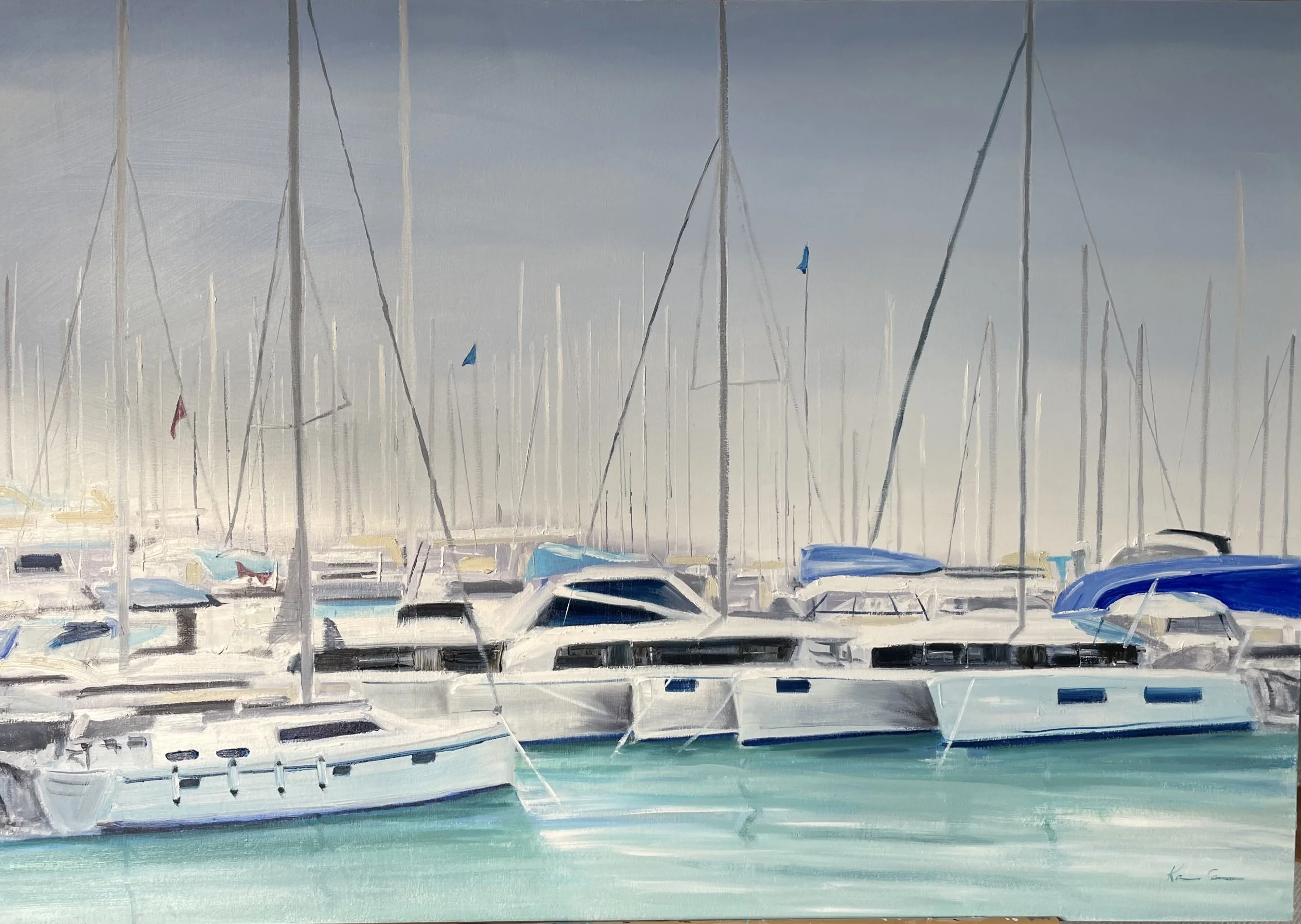 Oil Painting Of Catamarans and boats
