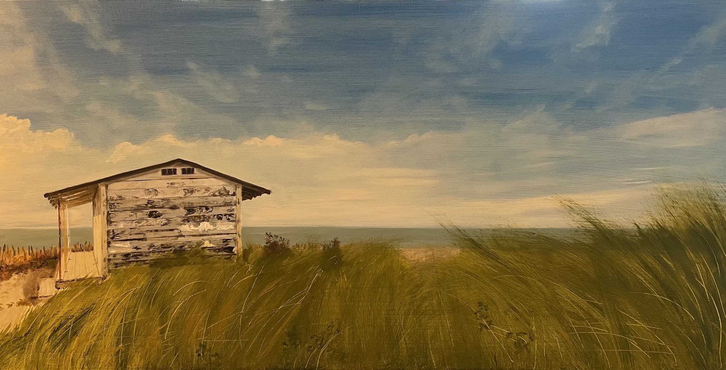 Painting of an old weathered wooden beach hut surrounded by tall grass, with a blue sky and ocean in the background.