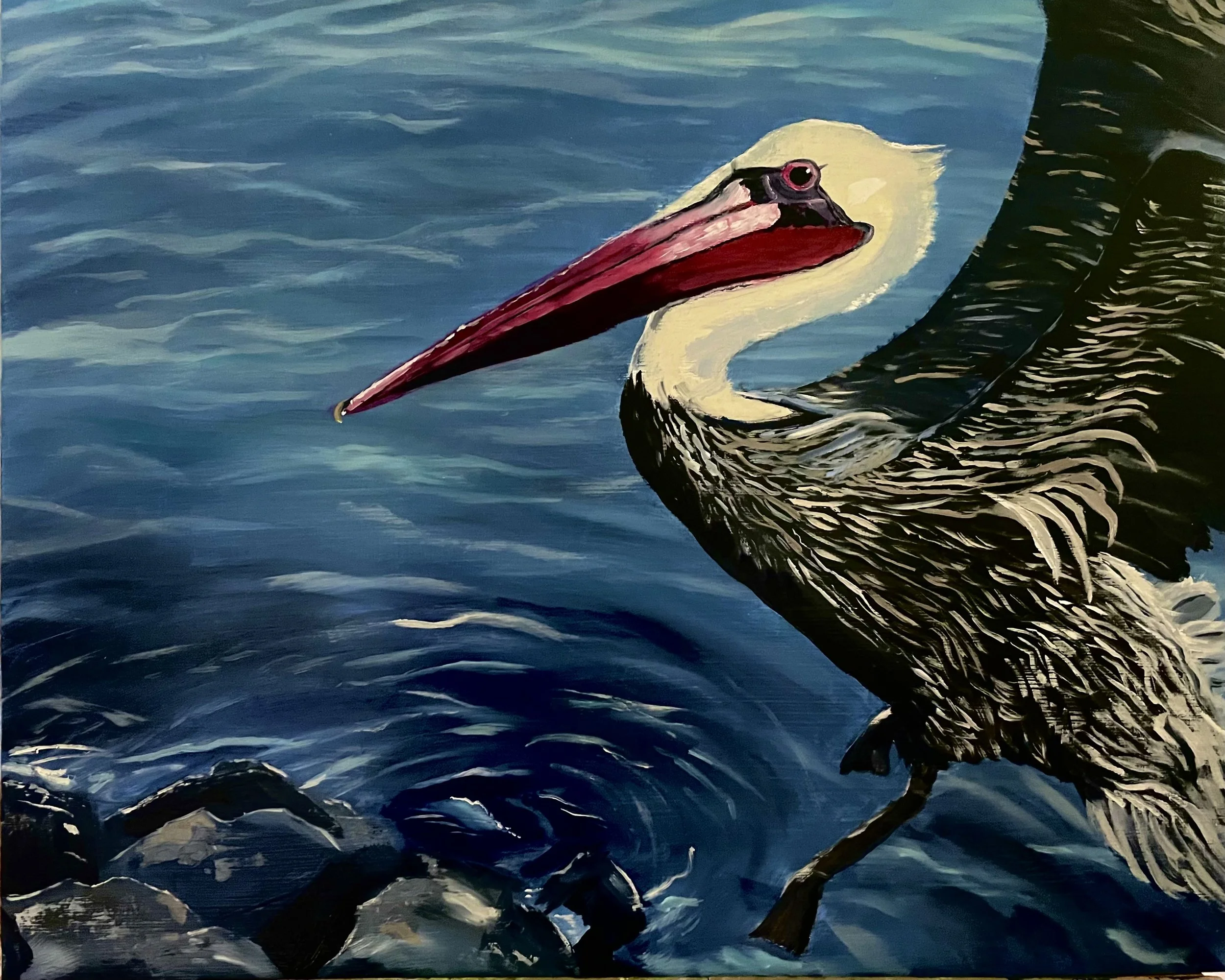 Painting of a heron standing in water beside rocks, with a long beak and black, white, and gray feathers.