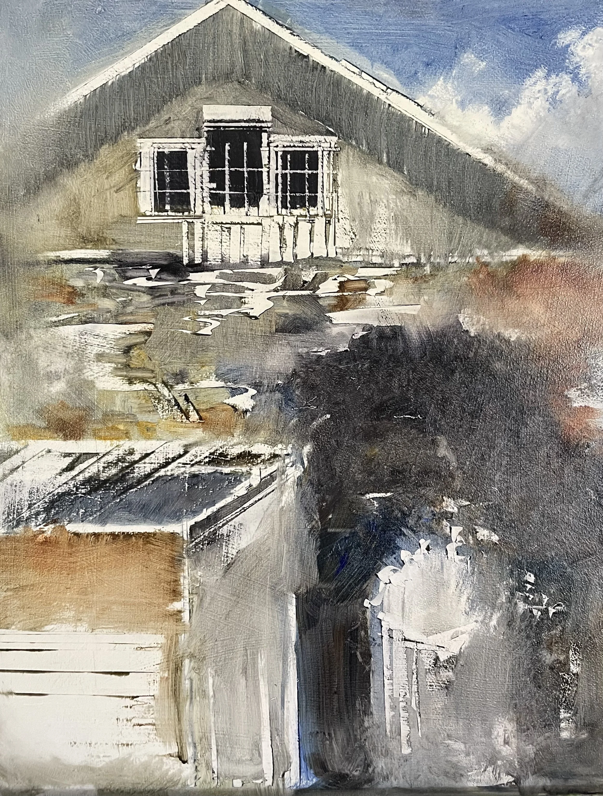 Abstract painting of an old building with a large window, painted in muted and earthy tones with a cloudy sky background.