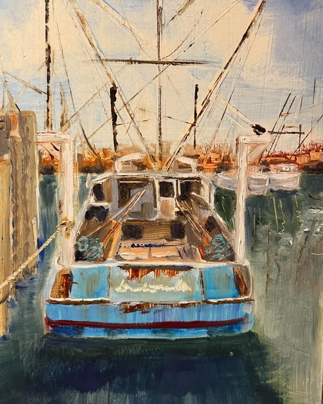 Painting of a boat docked in a marina with several other boats, wooden dock posts, and a sunset sky in the background.