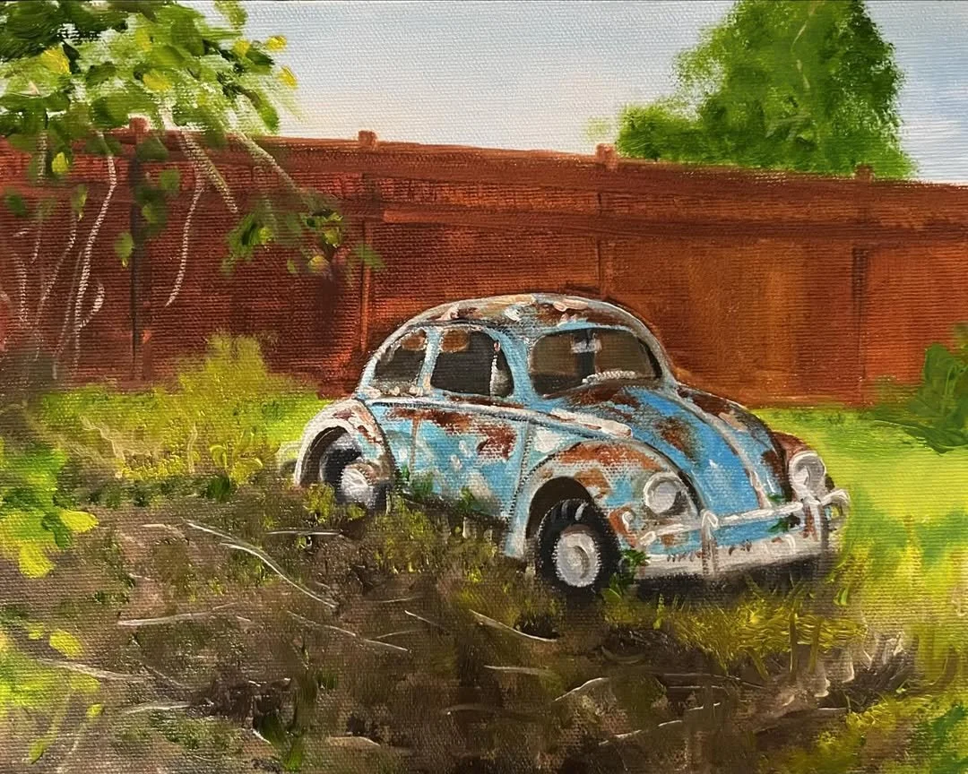 A painting of an old, rusted blue Volkswagen Beetle in an overgrown yard near a brown wooden fence and a green leafy tree.