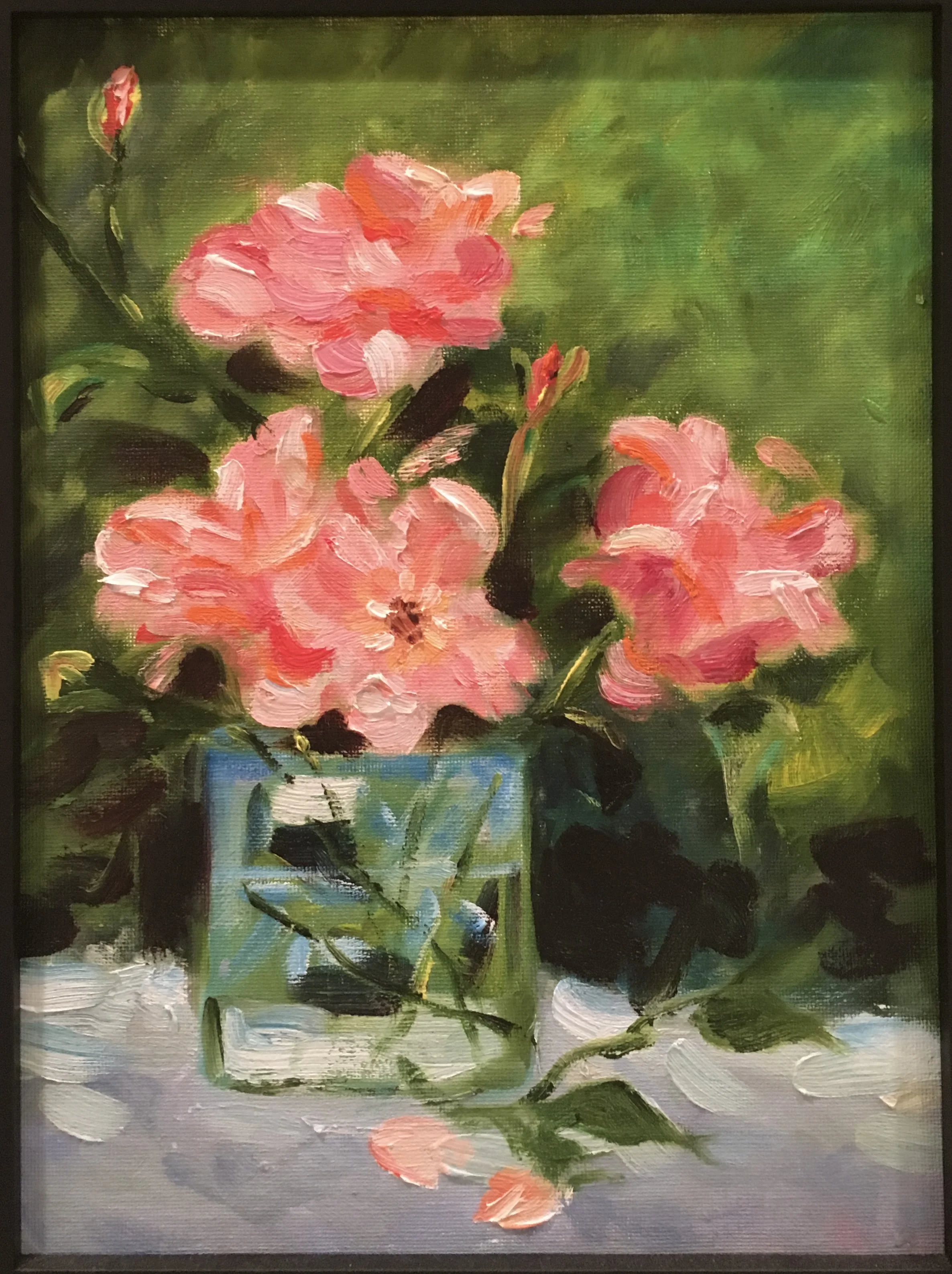 An impressionistic painting of pink flowers in a glass vase on a table with a green background.