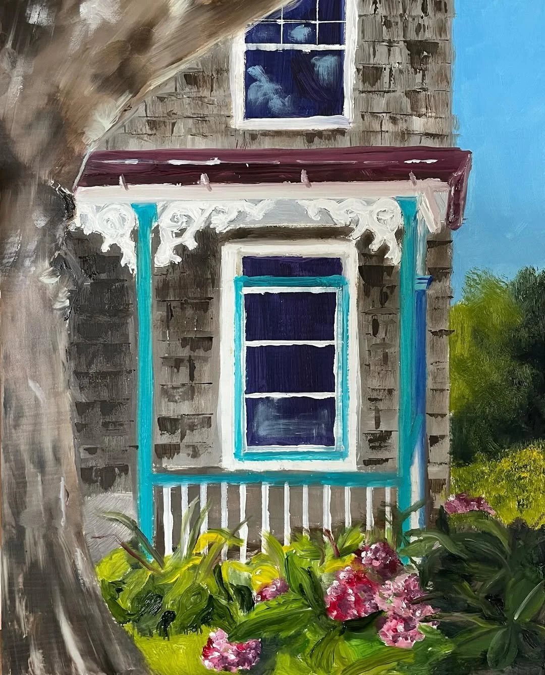 A painting of a house with a front porch, a window with blue trim, a maroon roof over the porch, a wooden exterior, and green bushes with pink flowers in the foreground.