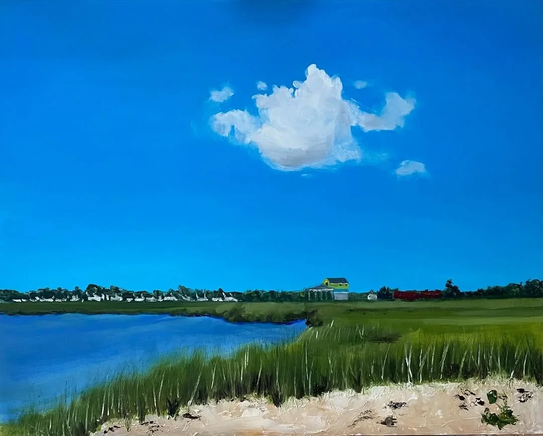 Painting of a landscape featuring a blue sky with a white cloud, a body of water, green grass, and buildings in the distance.