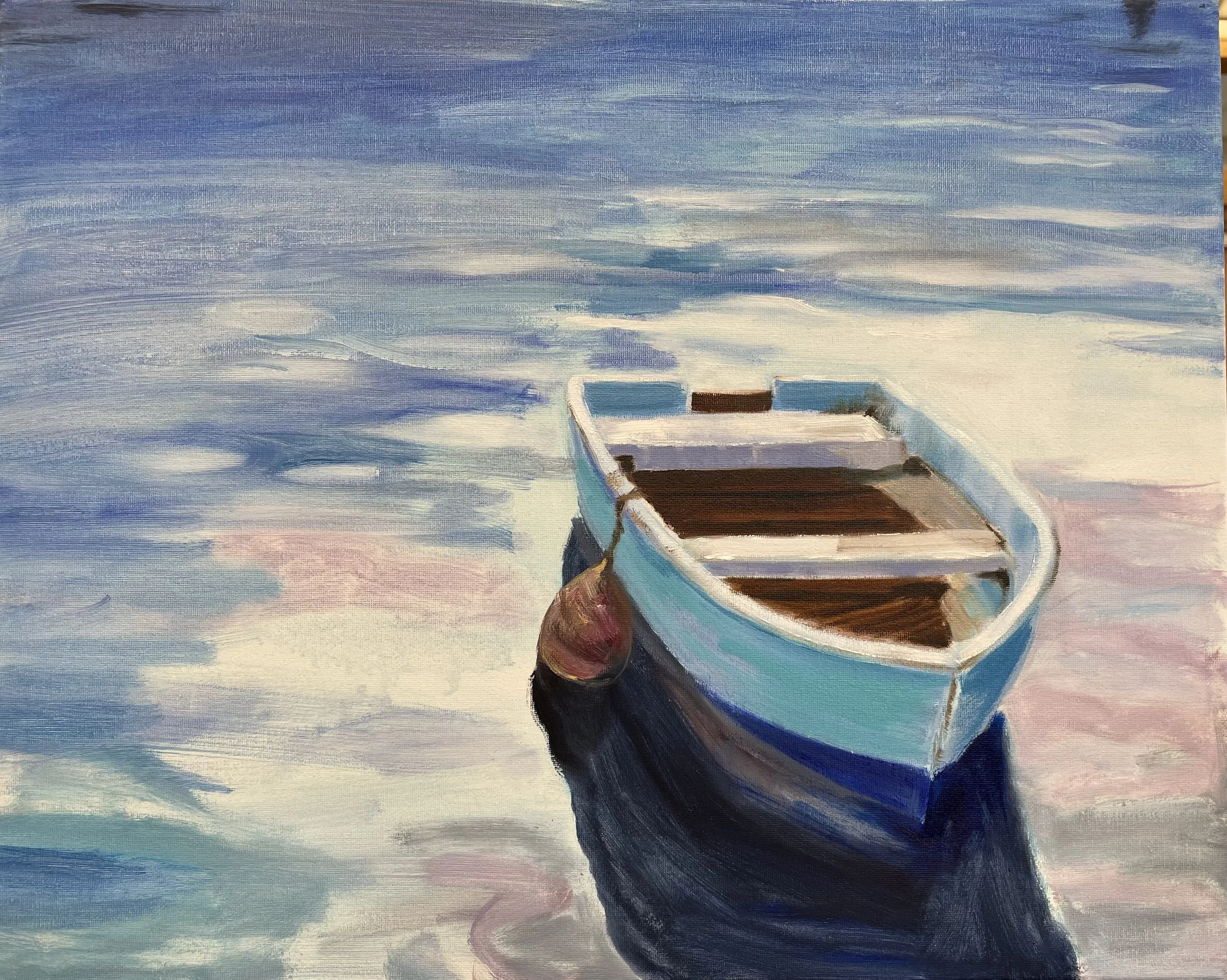 A painting of a small boat floating on calm water during sunset, with the boat's shadow visible beneath it.