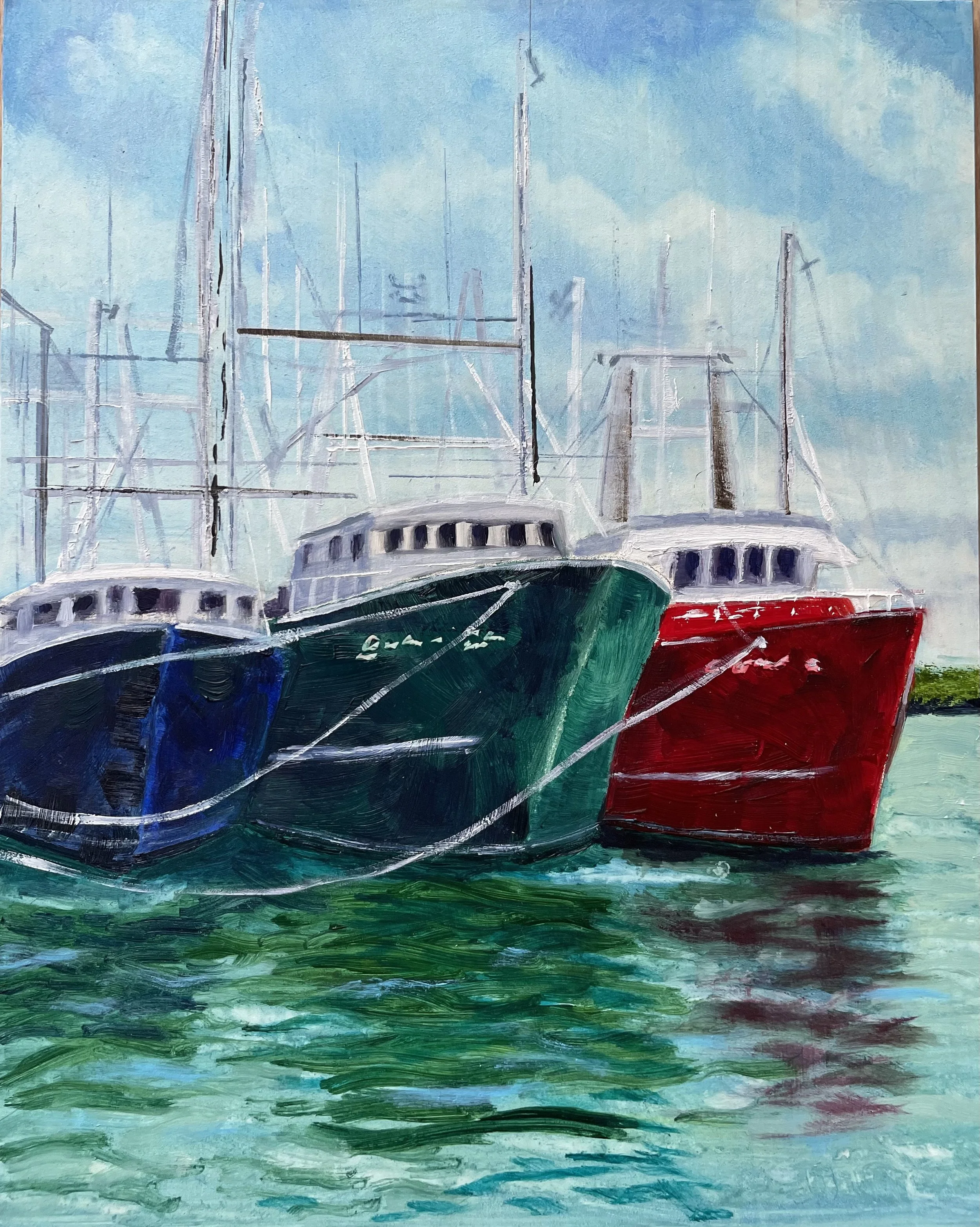 A painting of three boats moored at a harbor, with water and sky in the background.