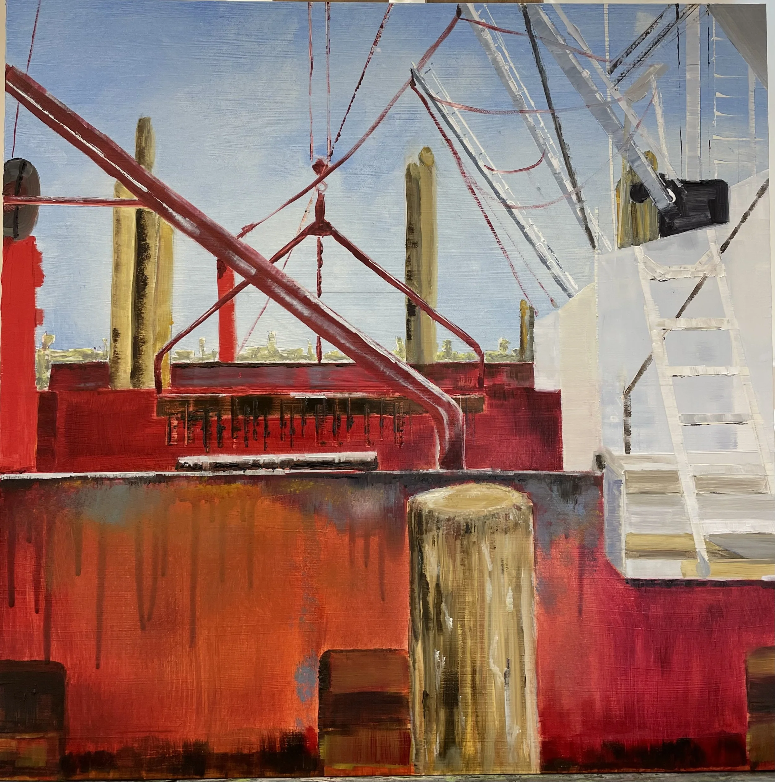 Painting of a dockyard scene with red and white structures, a ladder, and wooden posts under a blue sky.