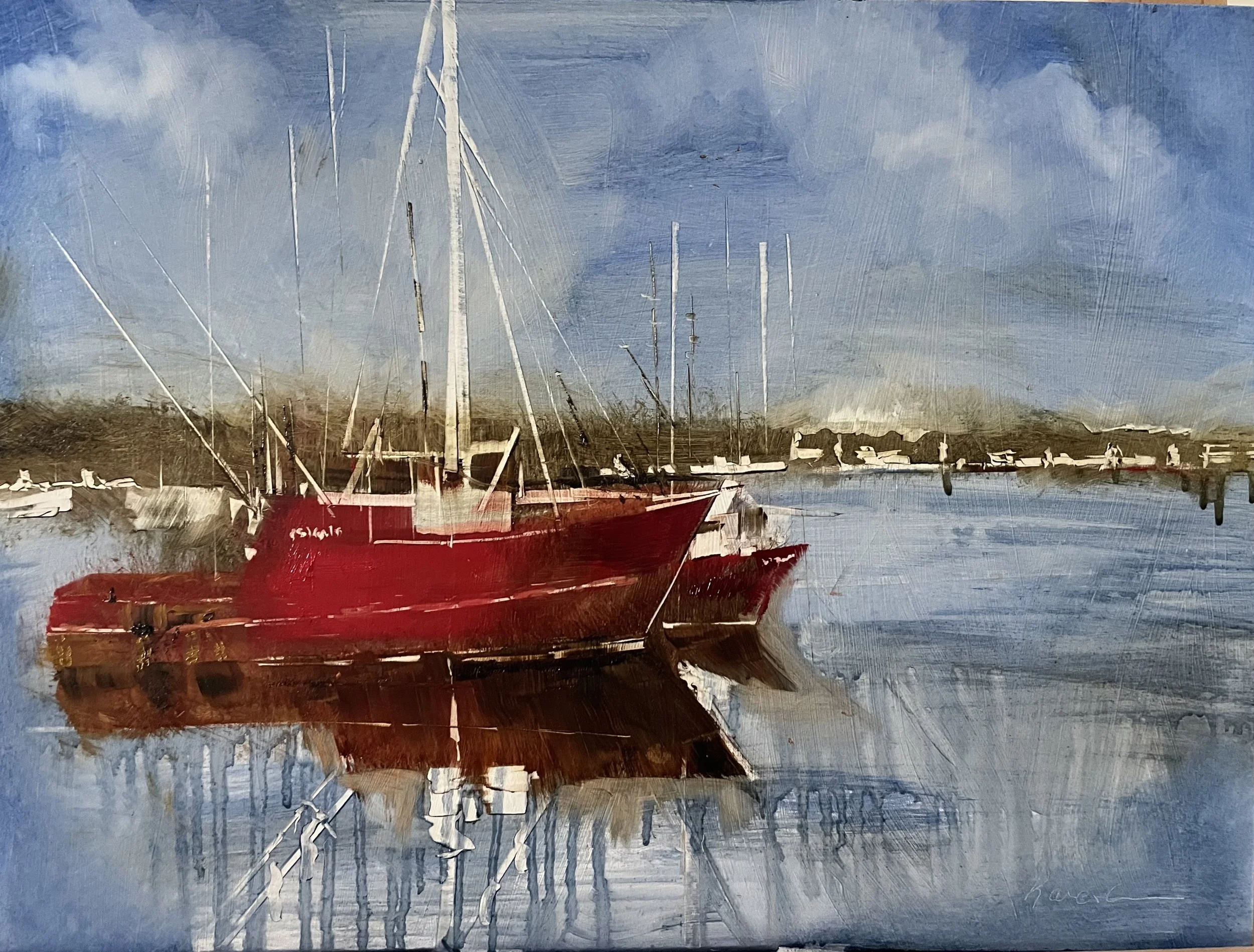 A watercolor painting of a marina with boats docked on calm water. A large red sailboat is in the foreground with reflections in the water, and smaller boats are in the background under a cloudy sky.