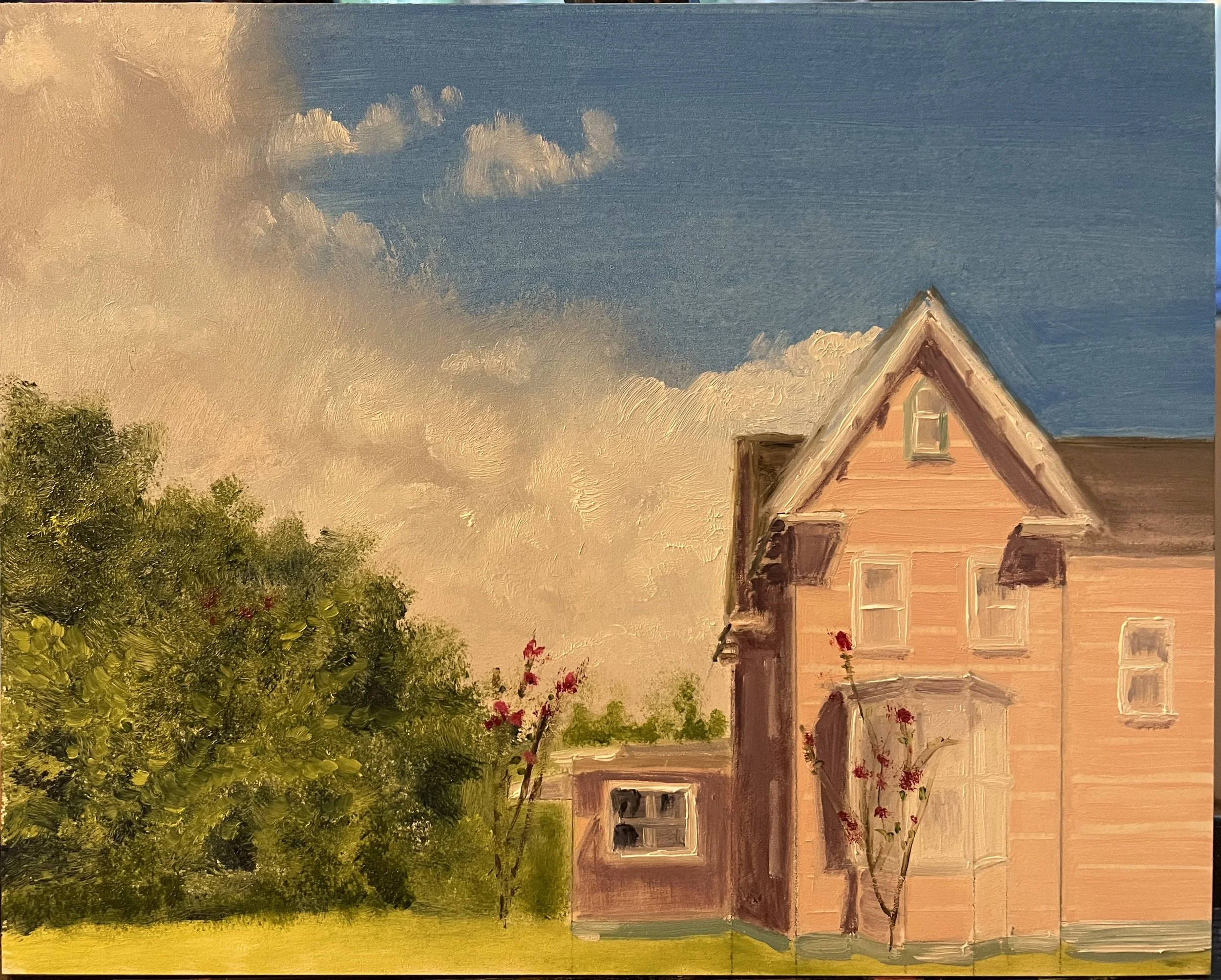 A painting of a pink wooden house with a porch, surrounded by green trees and grass, under a blue sky with scattered clouds.