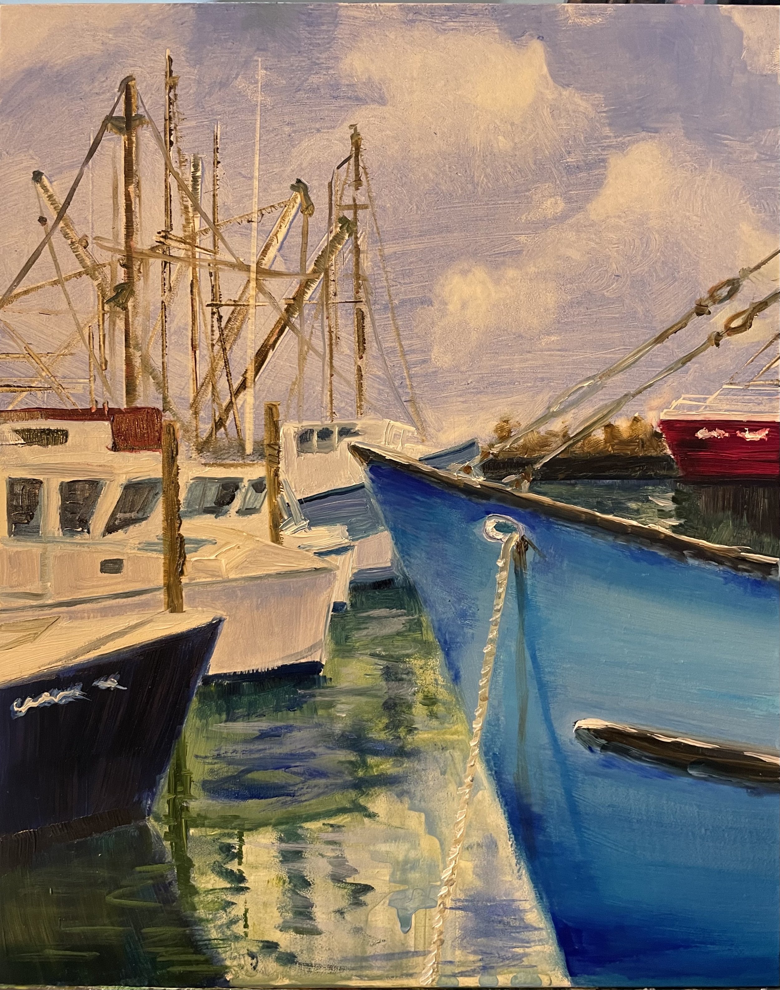 A painting of several boats docked at a harbor with tall masts and ropes in the background, featuring blue, white, and red boats on calm water under a partly cloudy sky.