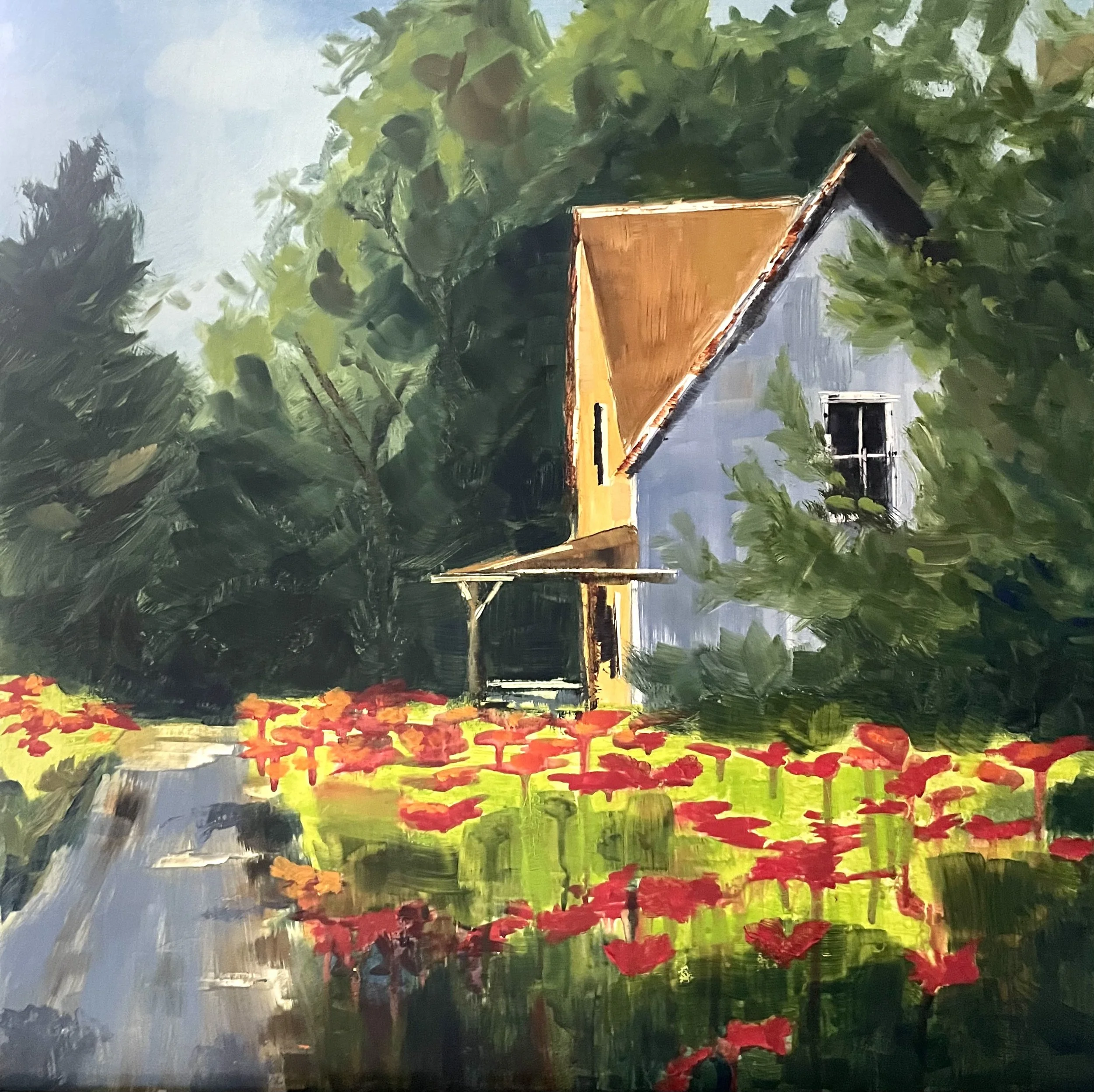 Oil painting of a house with a brown roof, yellow wall, and blue side, surrounded by green trees and a field of red flowers in the foreground.