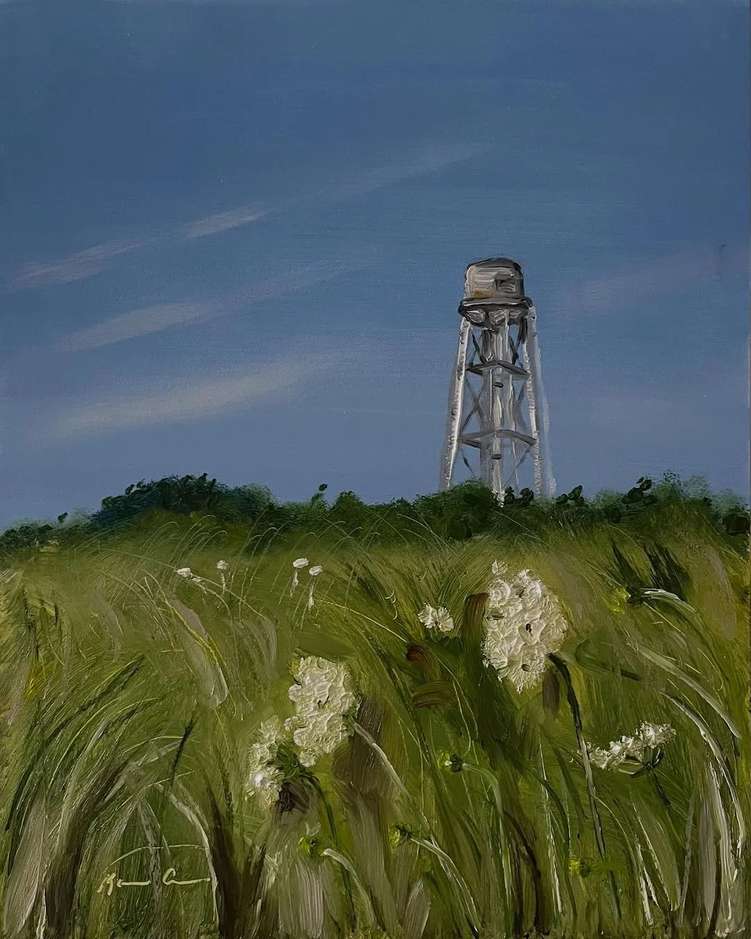 A painting of a landscape with a grassy field, white flowers, trees in the background, and a tower against a blue sky with wispy clouds.