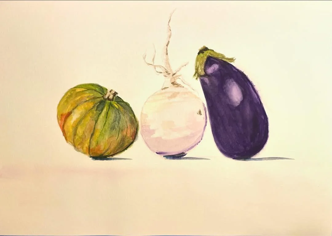 Watercolor painting of a pumpkin, a turnip, and an eggplant on a white background.