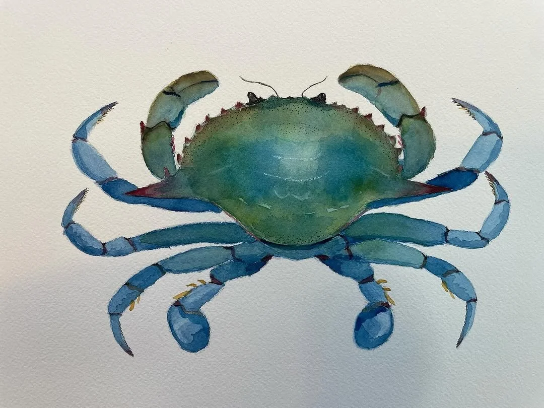 Watercolor painting of a blue and green crab with detailed claws and legs against a white background.