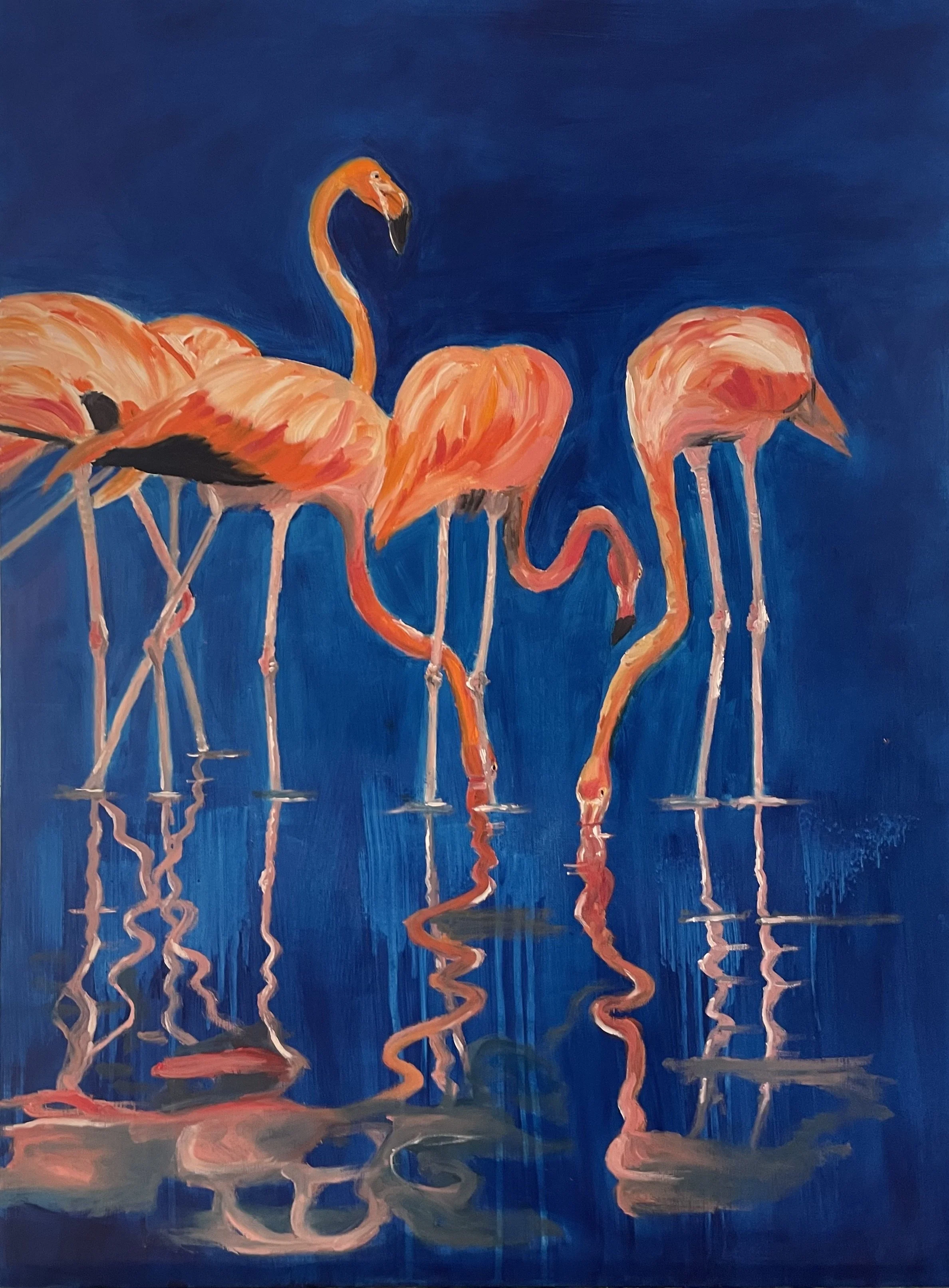 Painting of a group of pink flamingos standing in water against a dark blue background, with reflections in the water.