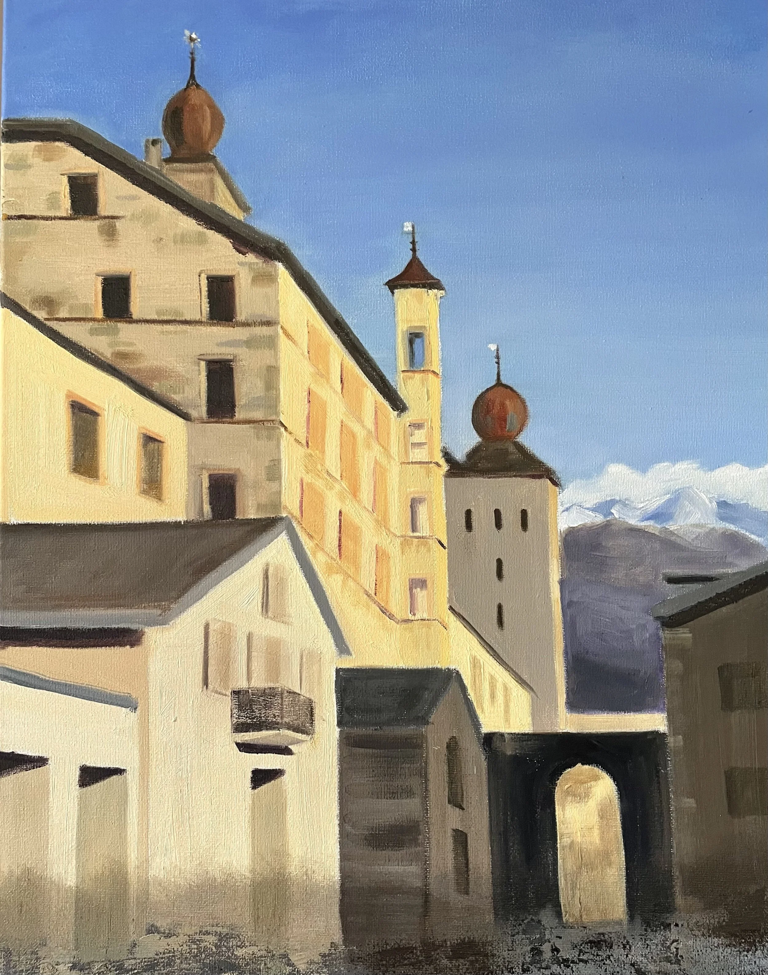 A painting of a European mountain town with historical buildings, towers with onion domes, and snow-capped mountains in the background.