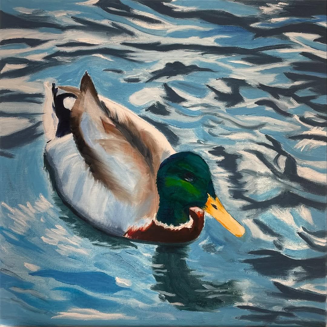 A painted image of a mallard duck swimming on rippling water.