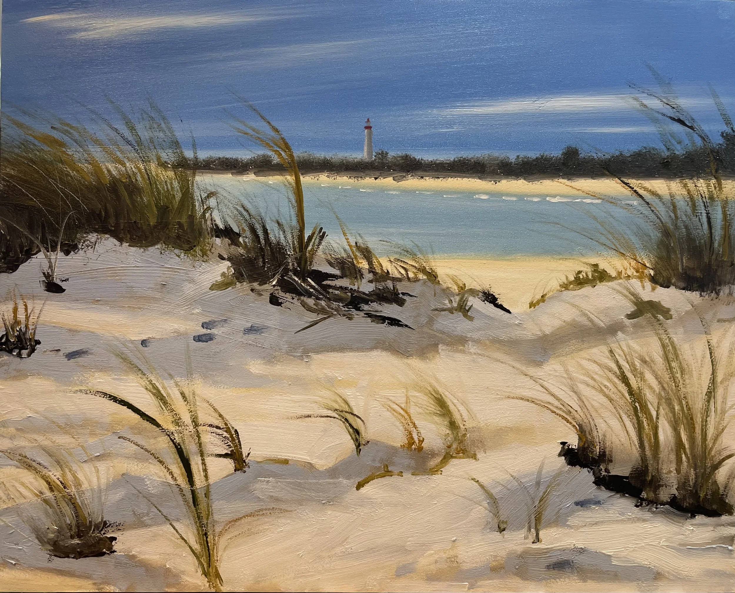 Painted landscape of a sandy beach with grass dunes and a body of water, with a lighthouse in the distance under a partly cloudy sky.