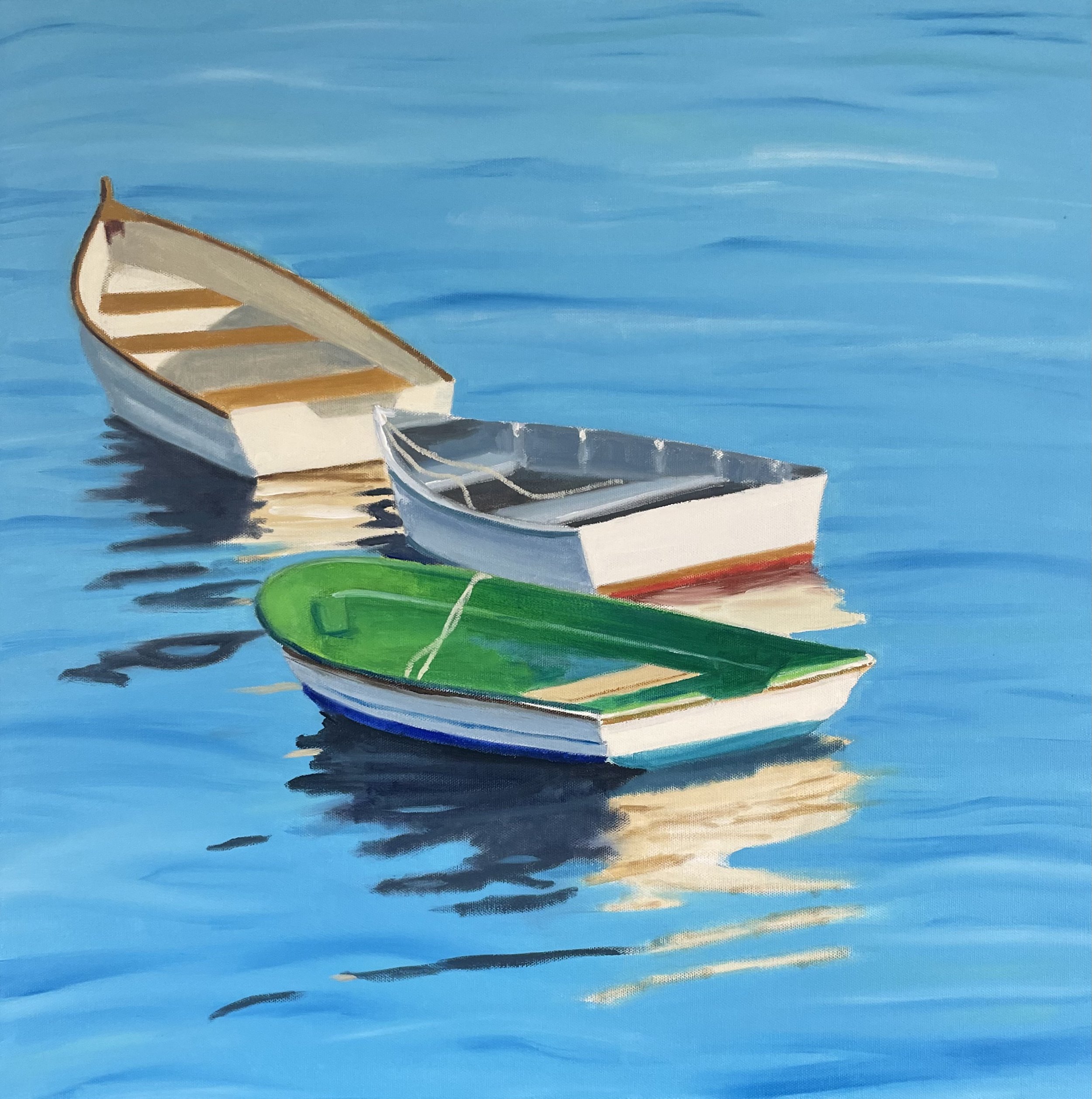 Three small boats floating on calm blue water, painted in a realistic style.