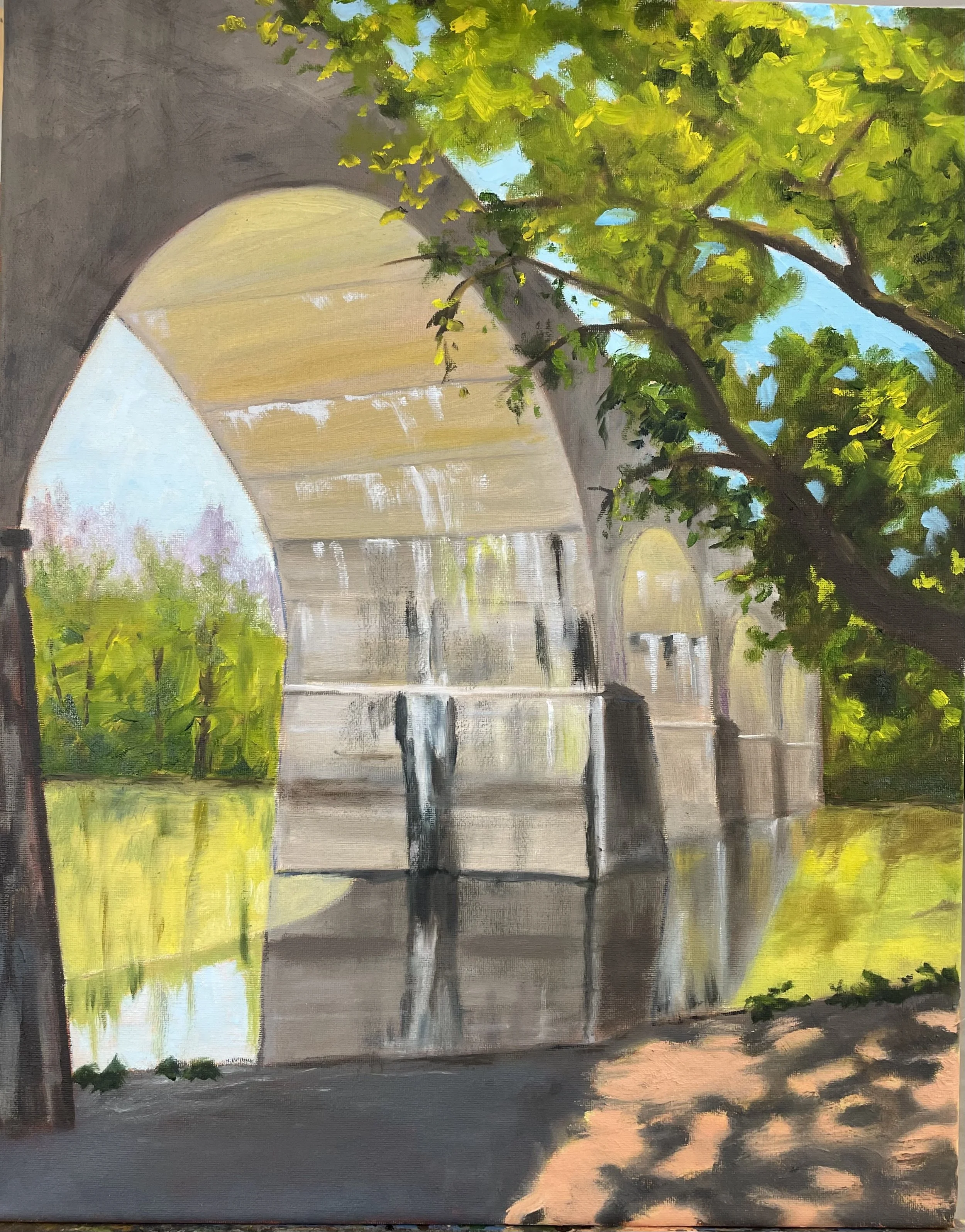 Painting of a stone bridge over a calm body of water, with sunlight filtering through green trees and foliage.