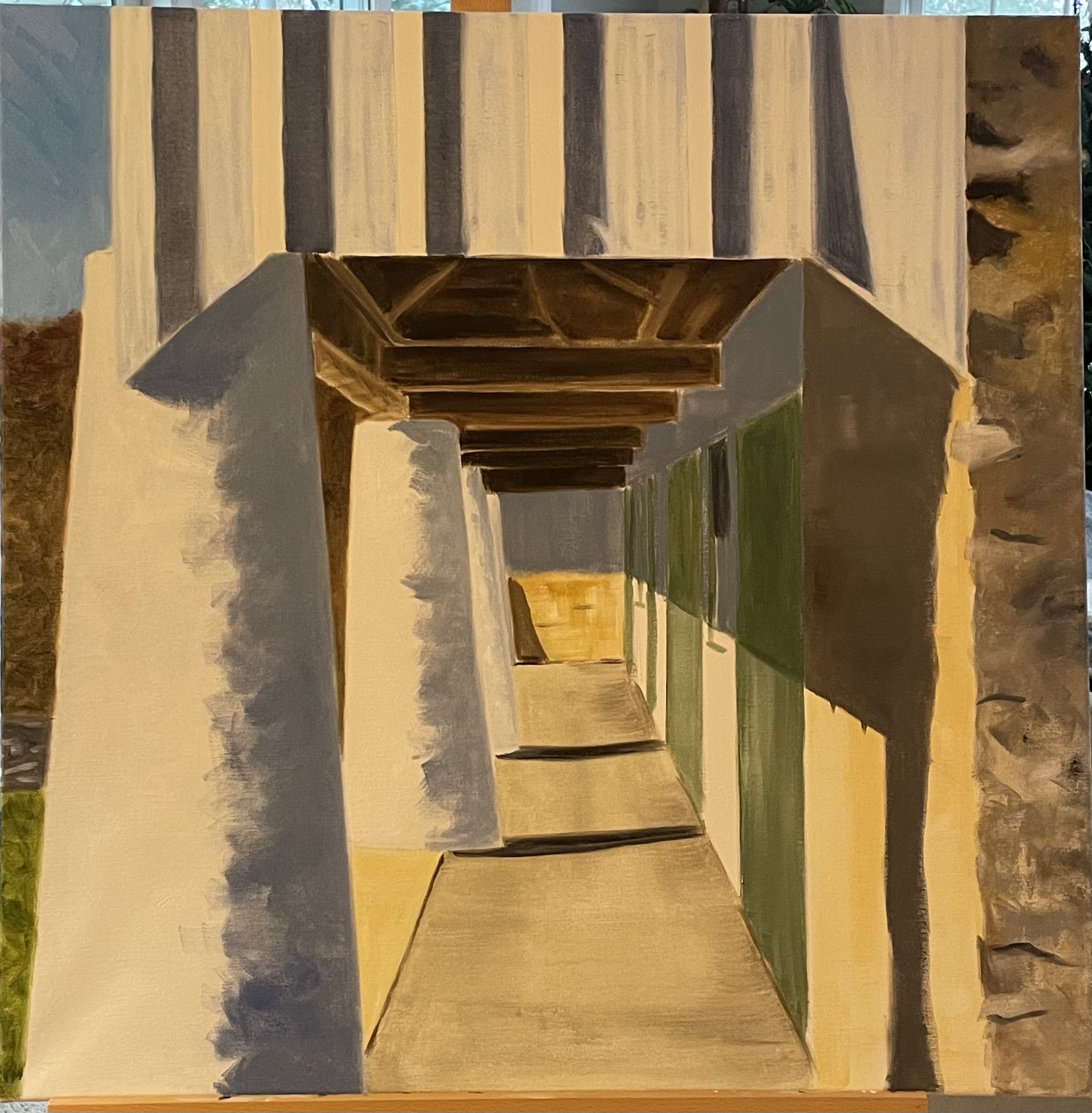 Painting of a covered outdoor walkway with wooden beams overhead, stone walls, and a paved path leading to a yellow-colored structure in the distance.