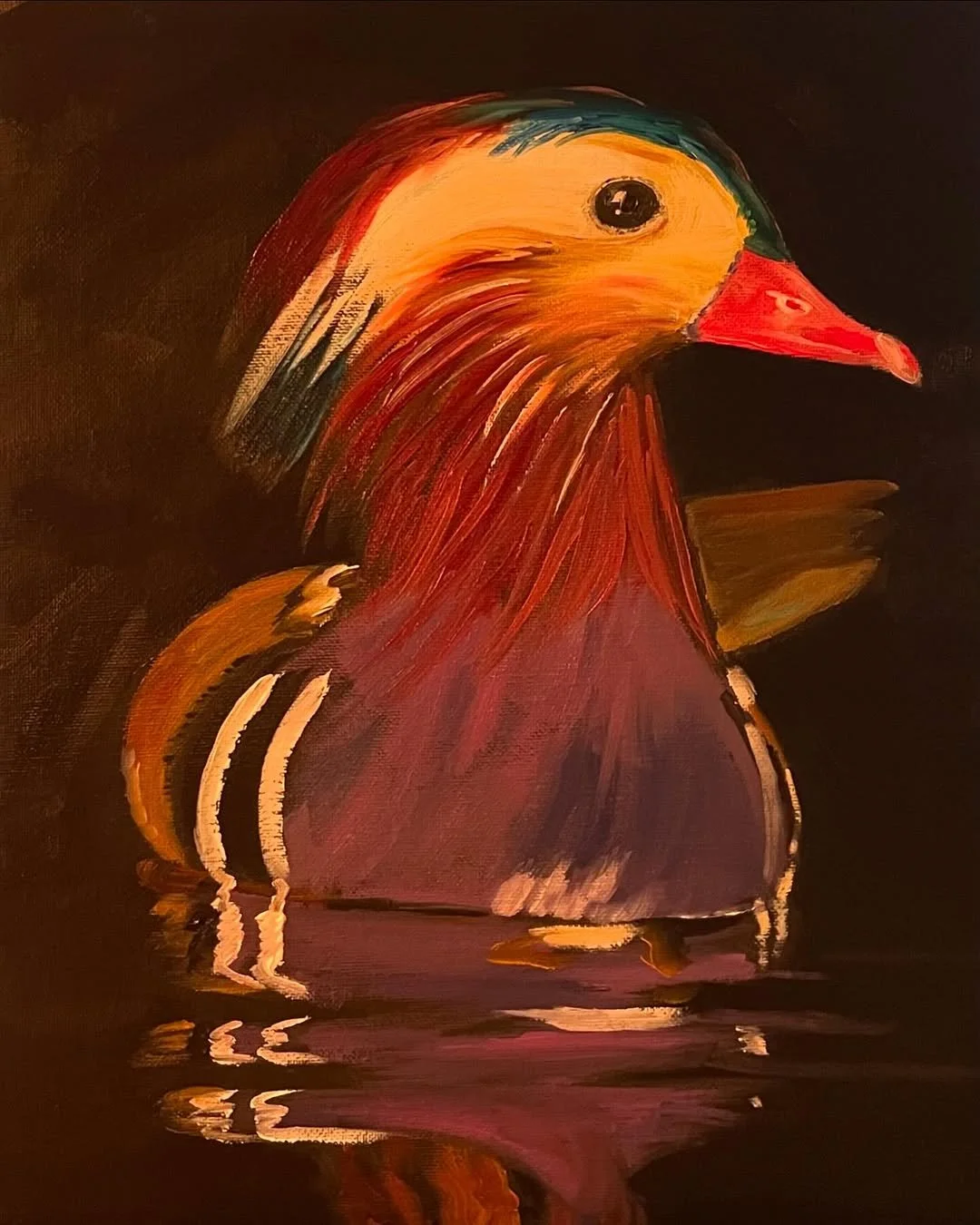 Colorful abstract painting of a duck reflected in water, featuring warm tones of orange, red, yellow, green, and black on a dark background.