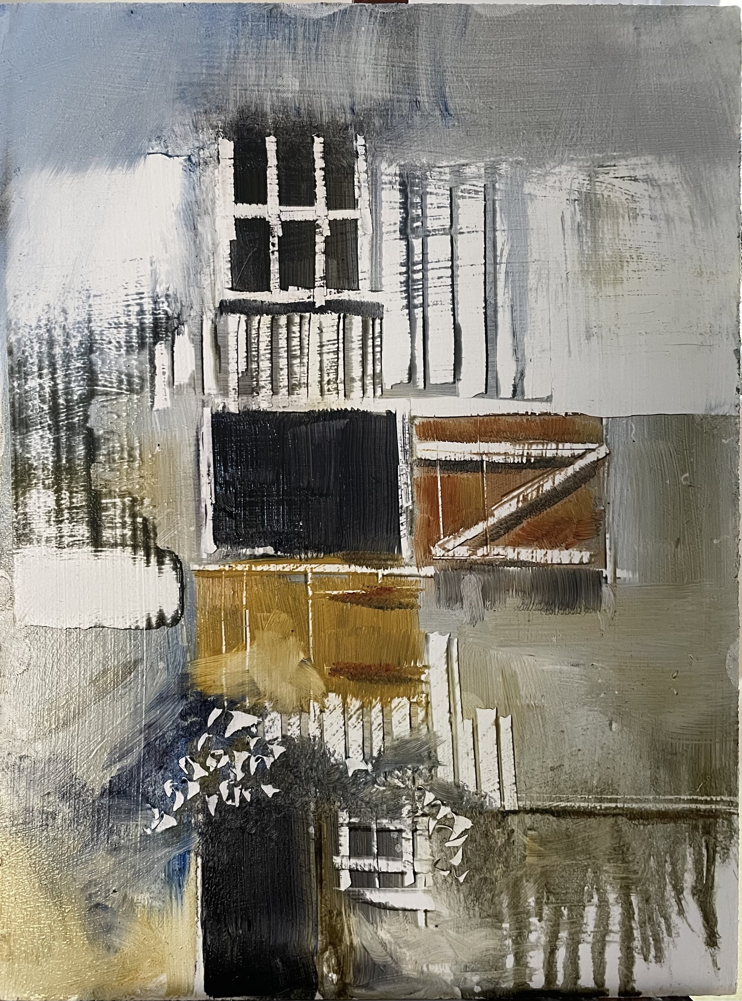 Abstract painting of a house with a front porch, windows, and trees in the background, using muted colors and bold brushstrokes.