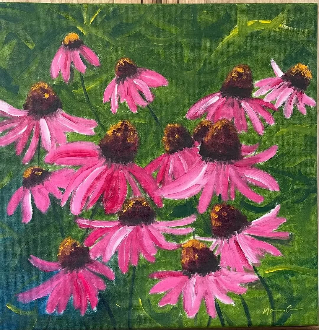 A vibrant painting of pink coneflowers with dark centers and yellow accents, set against a lush green background.