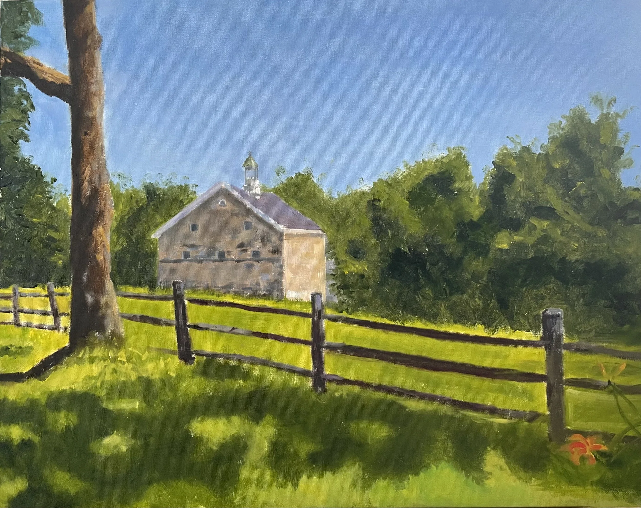 Painting of a rural scene with a large tree on the left, a wooden fence, green grass, a house with a tower in the background, and a clear blue sky.
