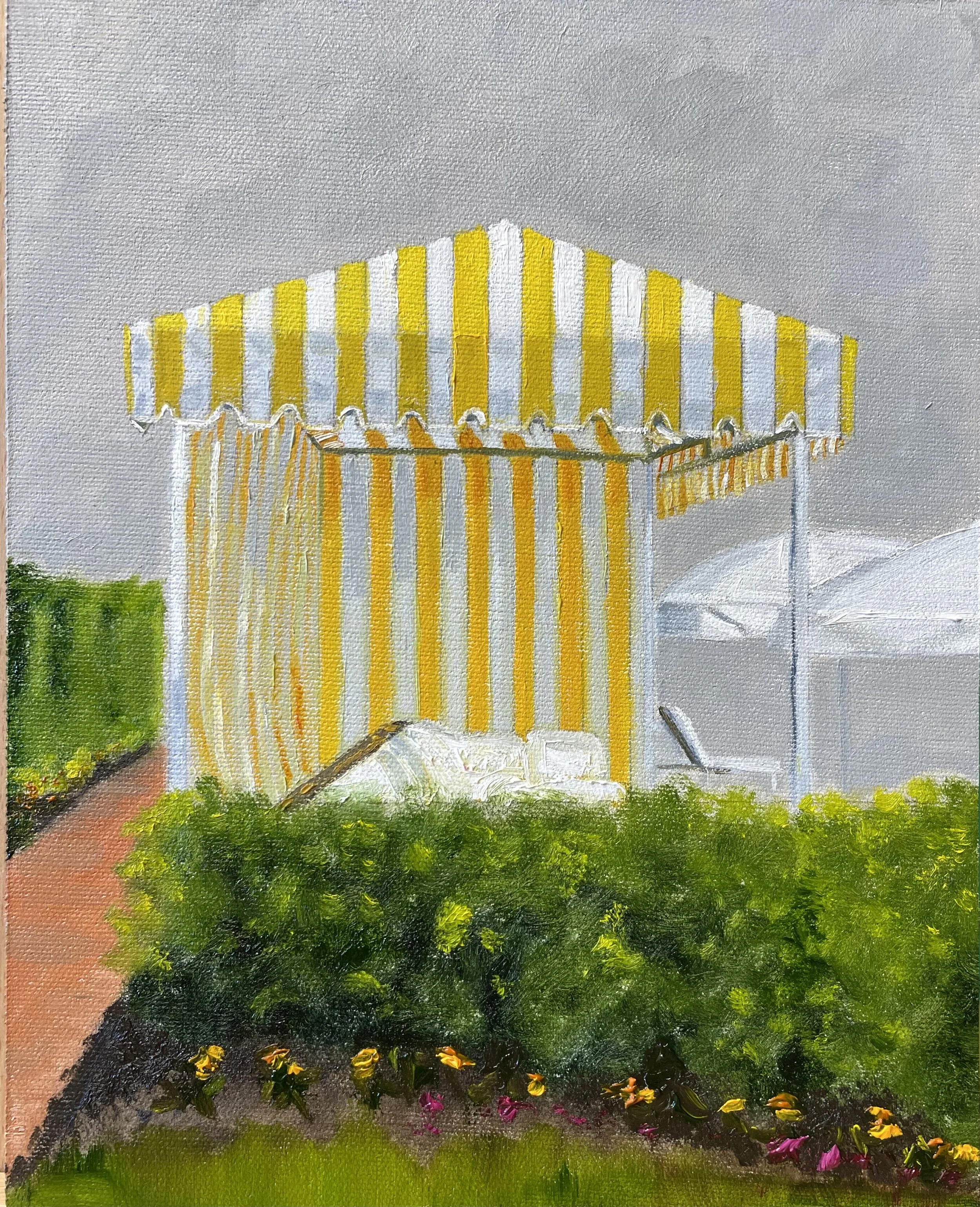 Painted outdoor scene with a yellow and white striped tent and umbrellas, green bushes, and colorful flowers.