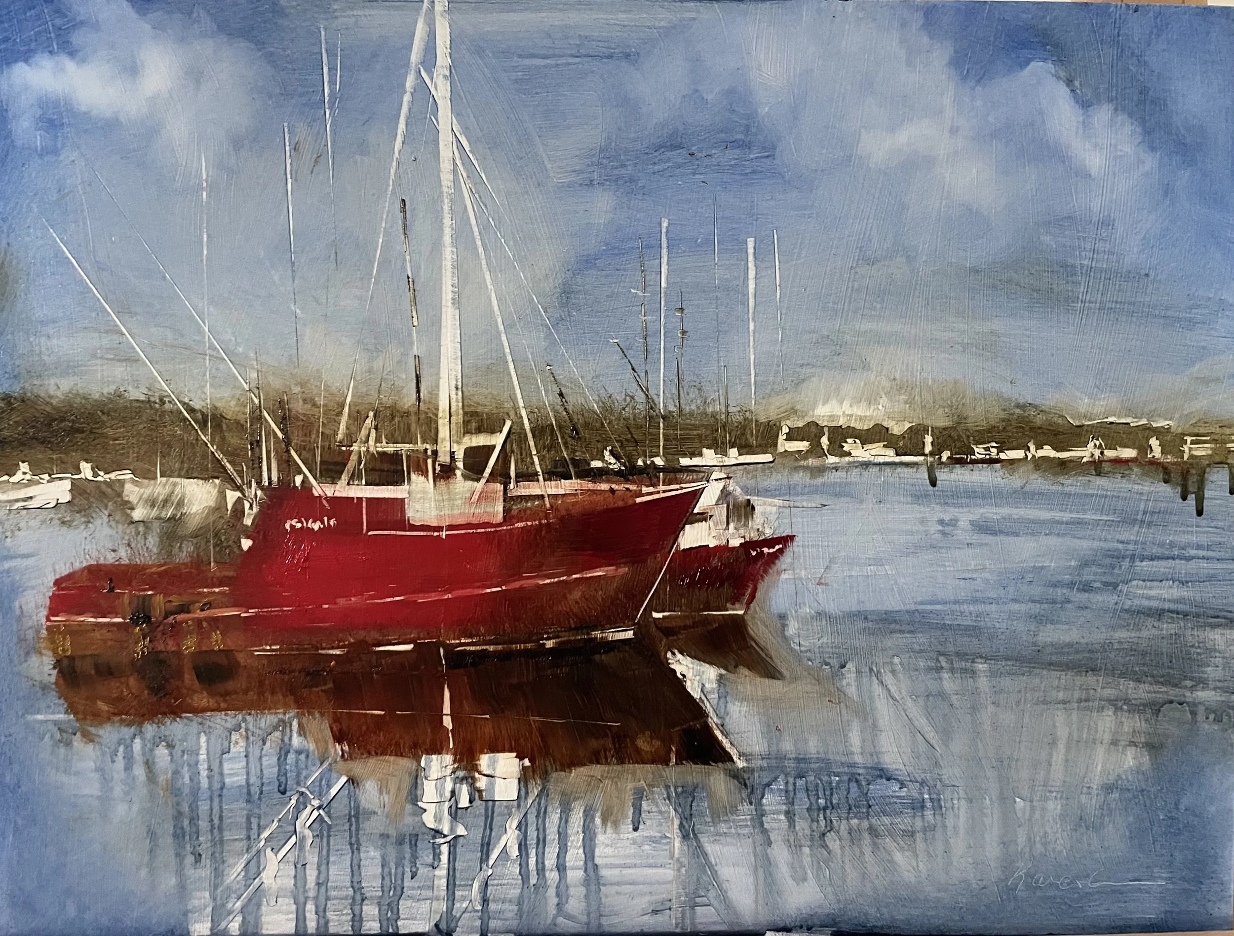 A painting of a red sailboat docked in a harbor with multiple masts, reflected in calm water, under a cloudy sky.
