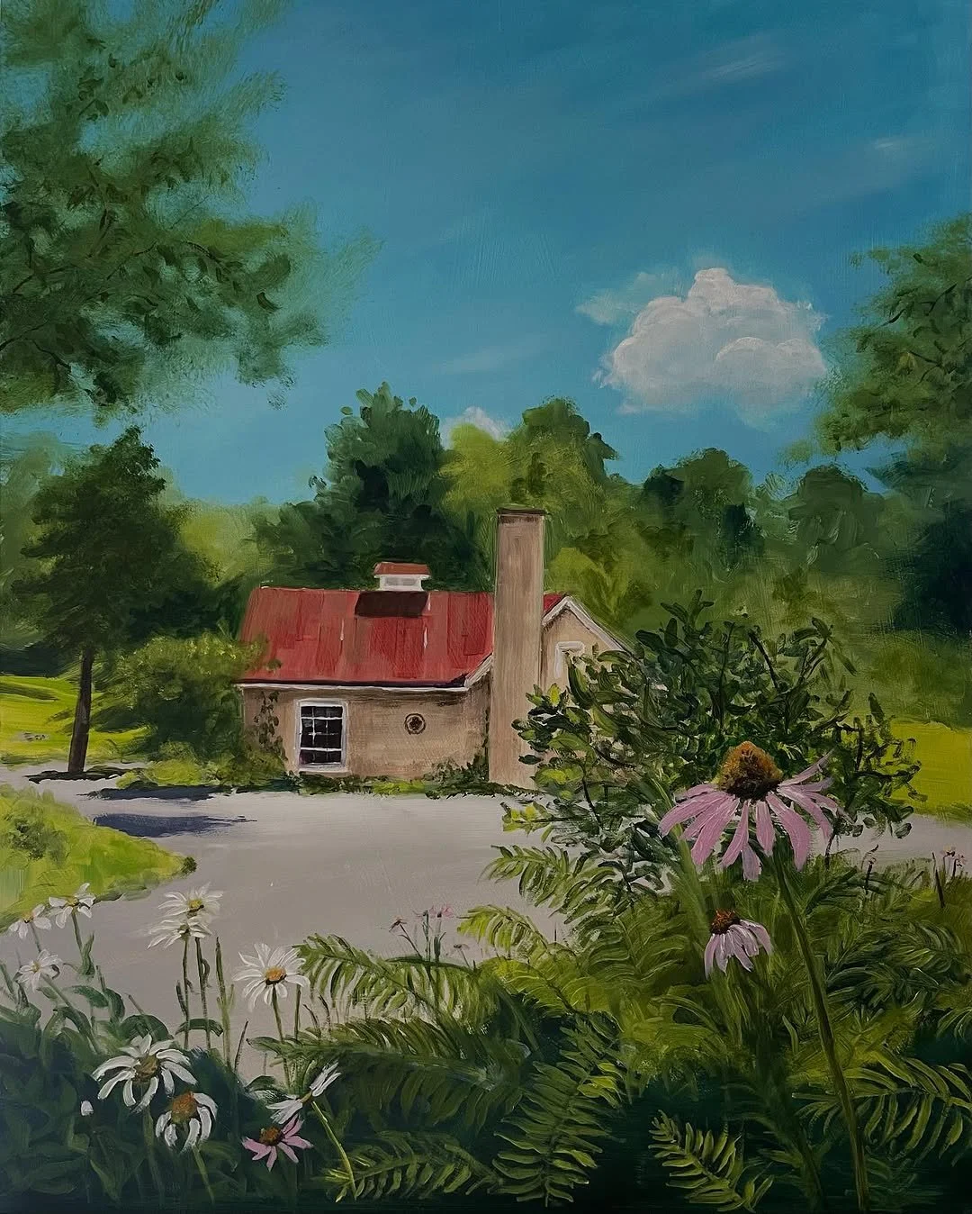 A painted scene of a house with a red roof, surrounded by greenery and flowers, under a bright blue sky with white clouds.