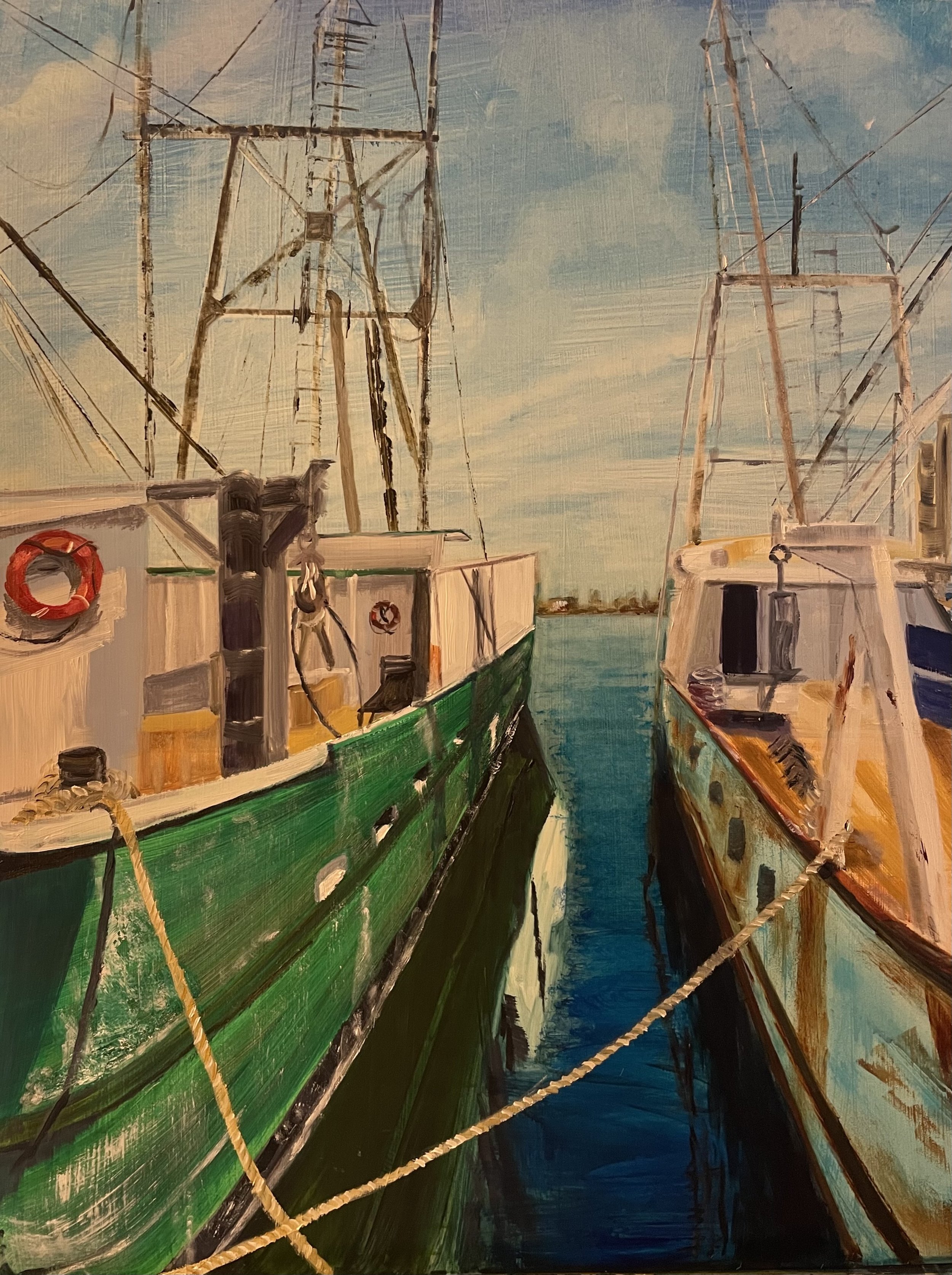 Painting of two boats moored at a harbor, with masts and rigging, under a partly cloudy blue sky.