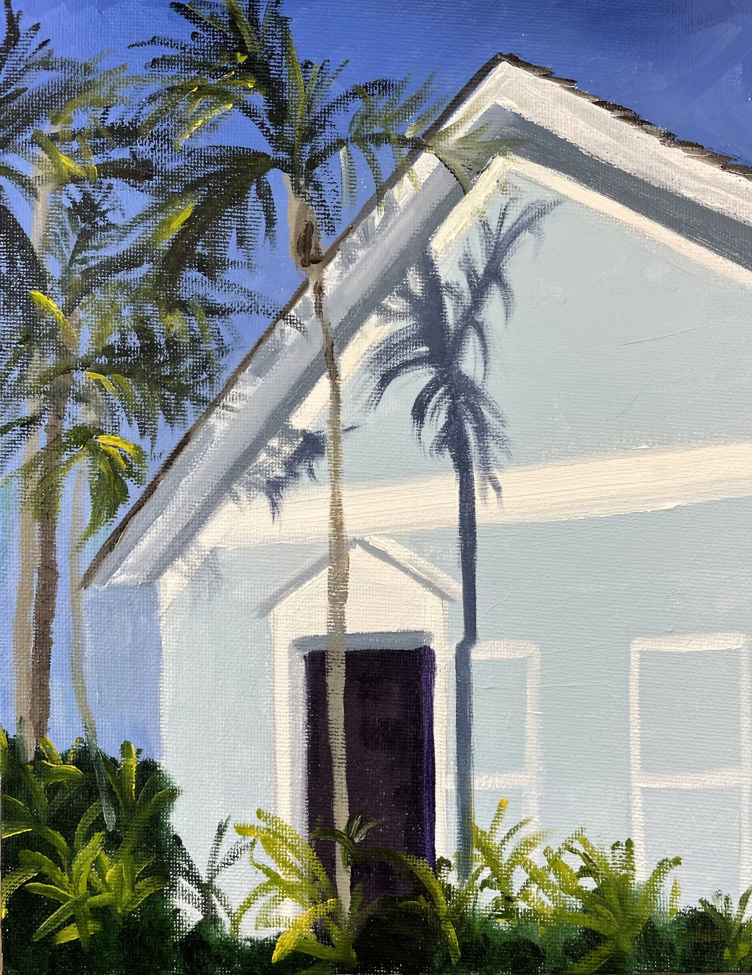 Painting of a white house with a gabled roof, surrounded by tall palm trees and bushes, under a blue sky.