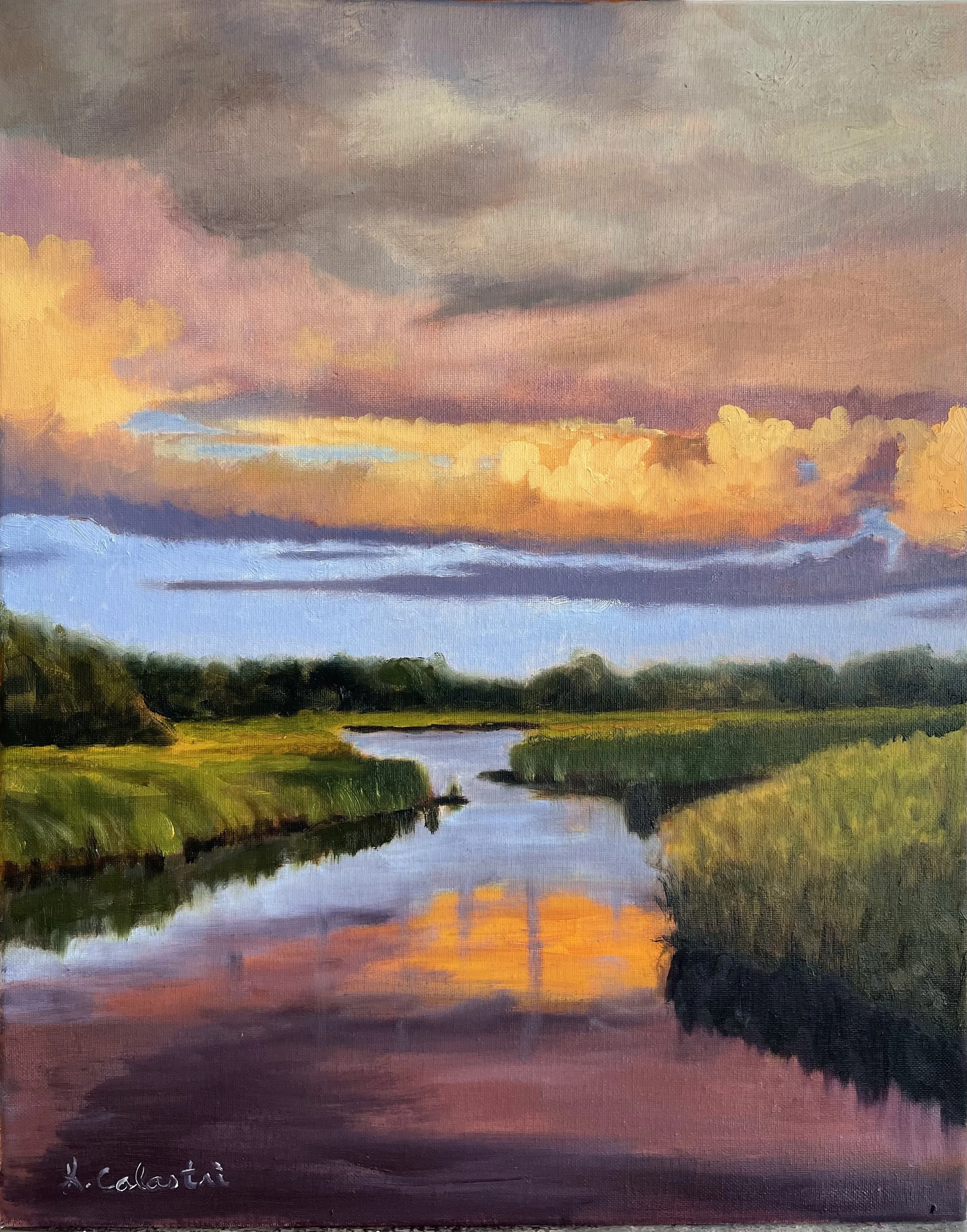 A landscape painting of a river reflecting a colorful sunset sky with clouds, green grassy banks, and distant trees.