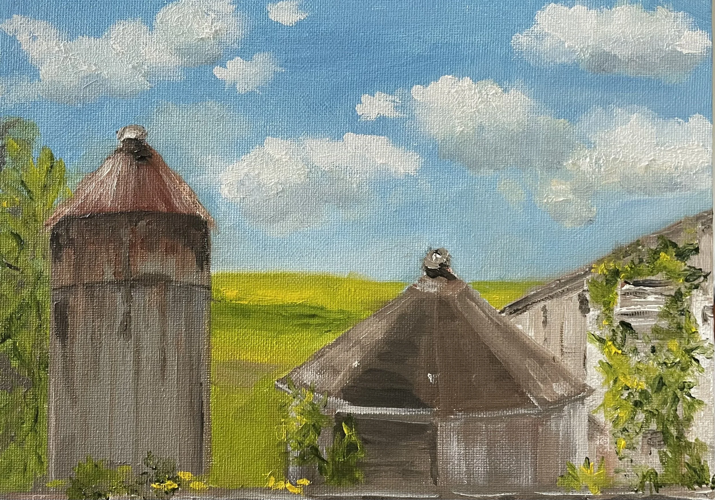 A landscape painting of an agricultural scene featuring two round barns with conical roofs, surrounded by greenery and a blue sky with clouds.