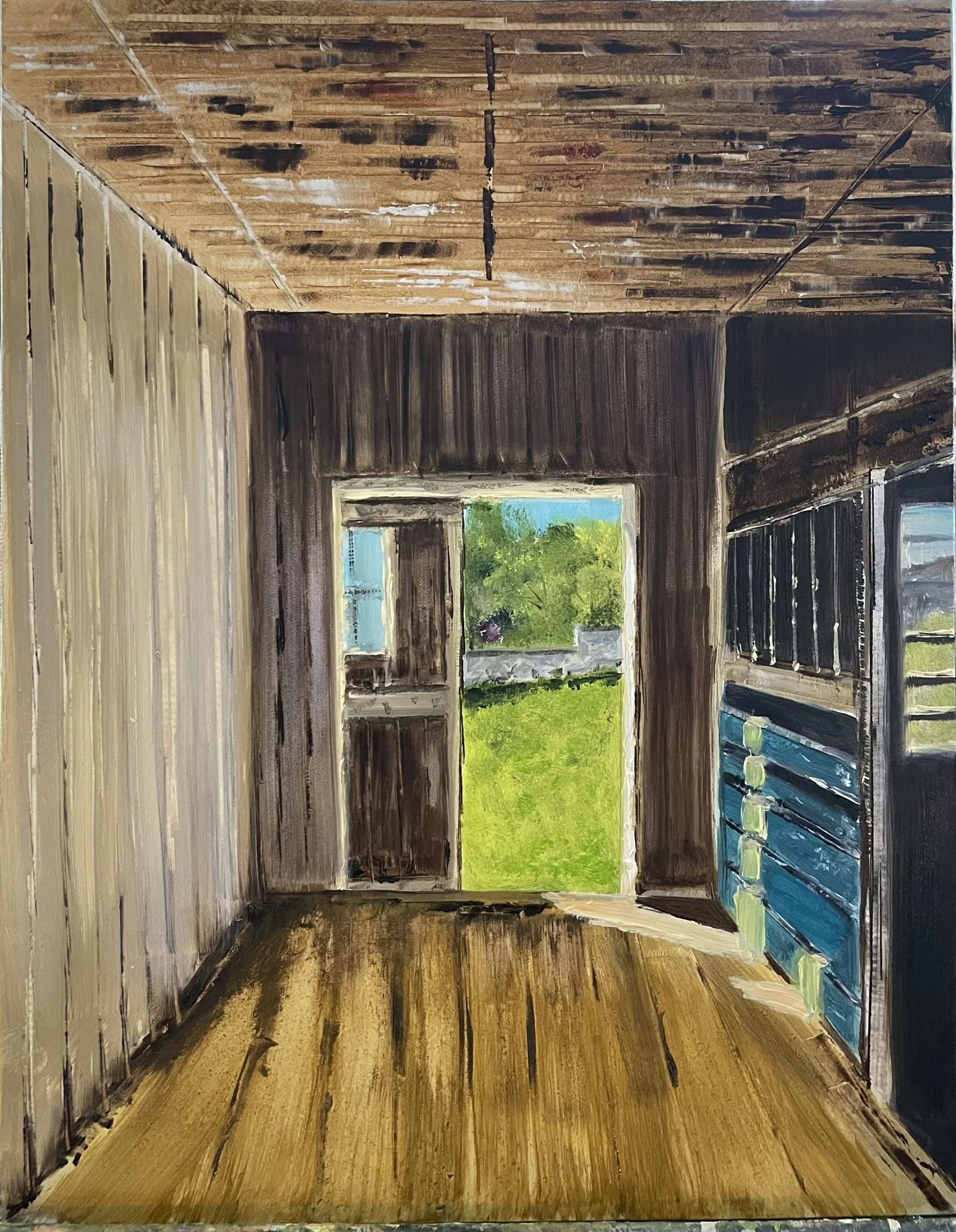 Painting of an empty room with wooden walls, ceiling, and floor, looking out onto a grassy yard through an open door and window.
