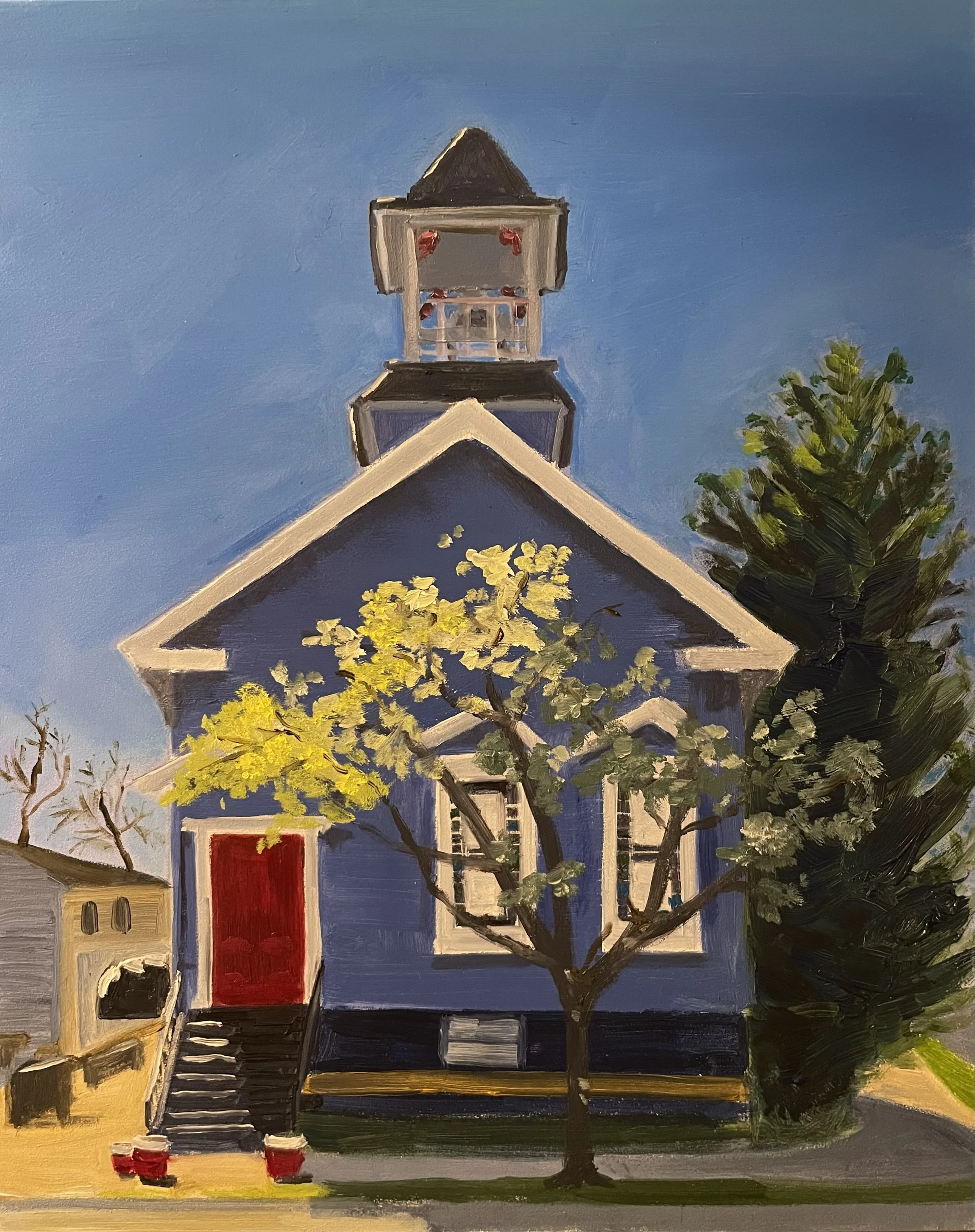 Painting of a blue house with a red door, stairs leading up to the entrance, a tree in front, and a tower on top, under a clear blue sky.
