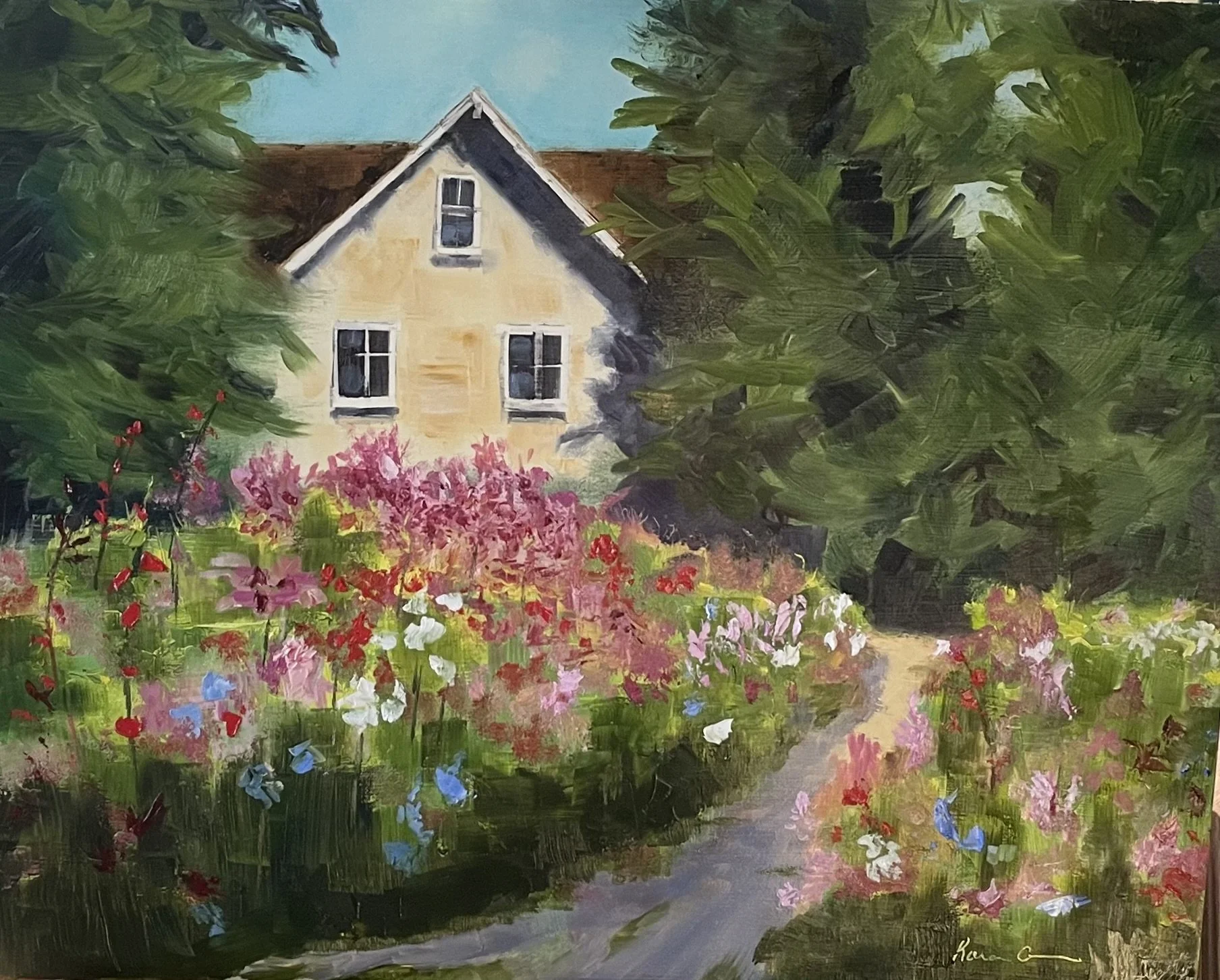 Oil painting of a house surrounded by colorful flowers and green trees, with a dirt pathway leading towards the house under a bright blue sky.