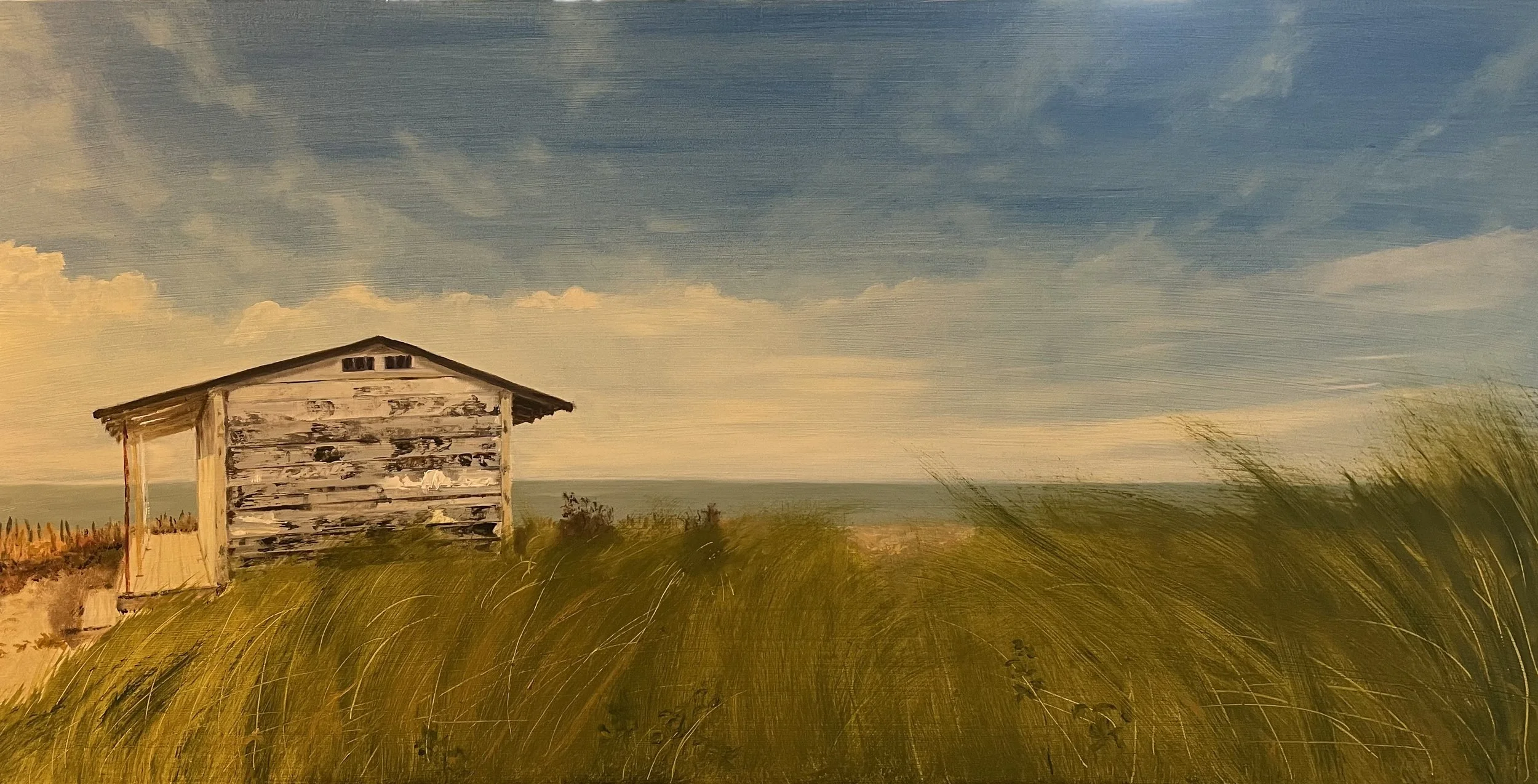 A weathered wooden shack situated on a grassy hill with tall grass blowing in the wind, under a partly cloudy blue sky.